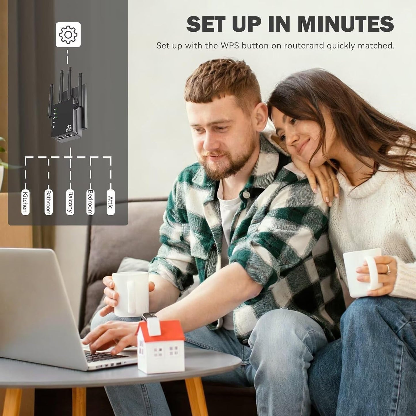 WiFi Extender Signal Booster, Dual-Band 5GHz/2.4GHz 1200Mbps Repeater, Covers Up to 13,888 sq.ft & 150 Devices, Long-Range Internet Booster for Home, Garage, Basement, Outdoor, WPS Easy Setup