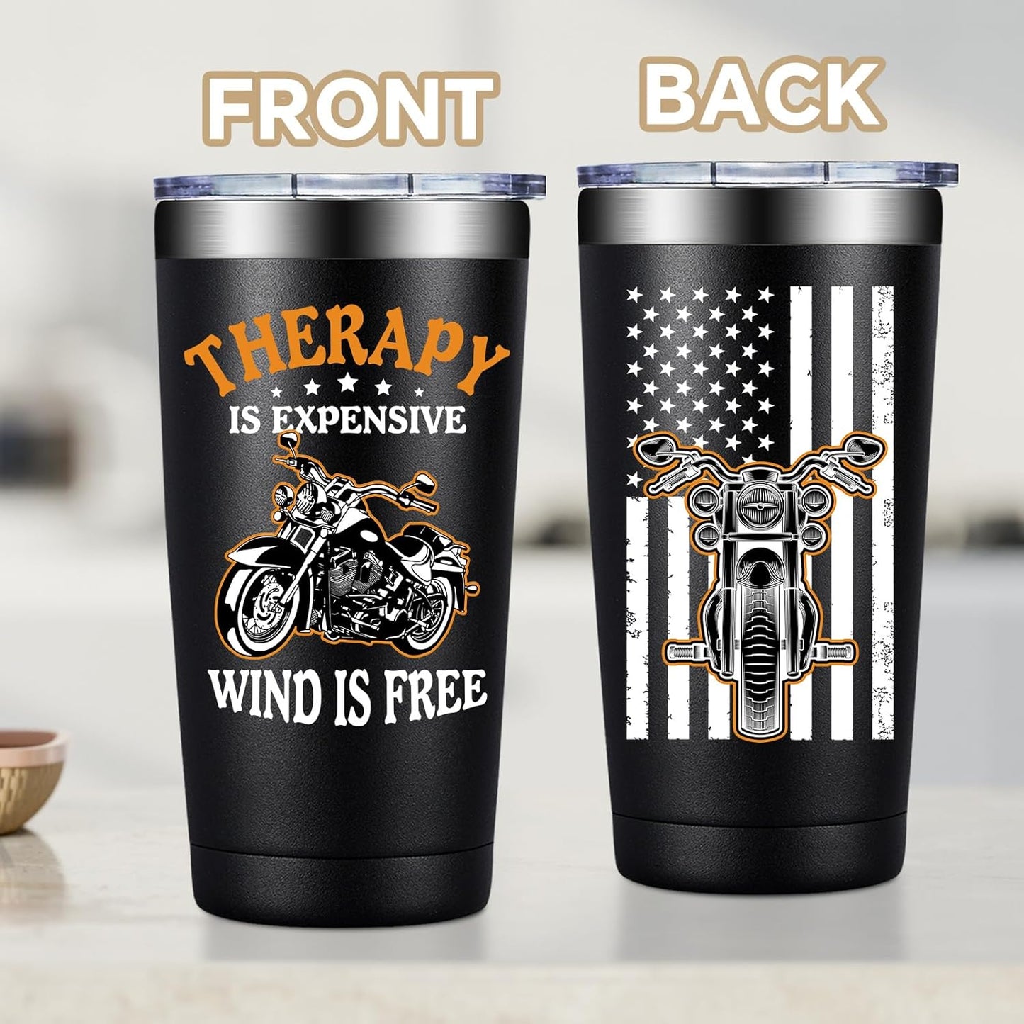 Fufandi Motorcycle Gifts for Men - Therapy Is Expensive Wind Is Free Motorcycle Gifts Tumbler - Christmas Fathers Day Gift for Motorcycle Lovers, Dad, Boyfriend - Tumbler Cup 20oz