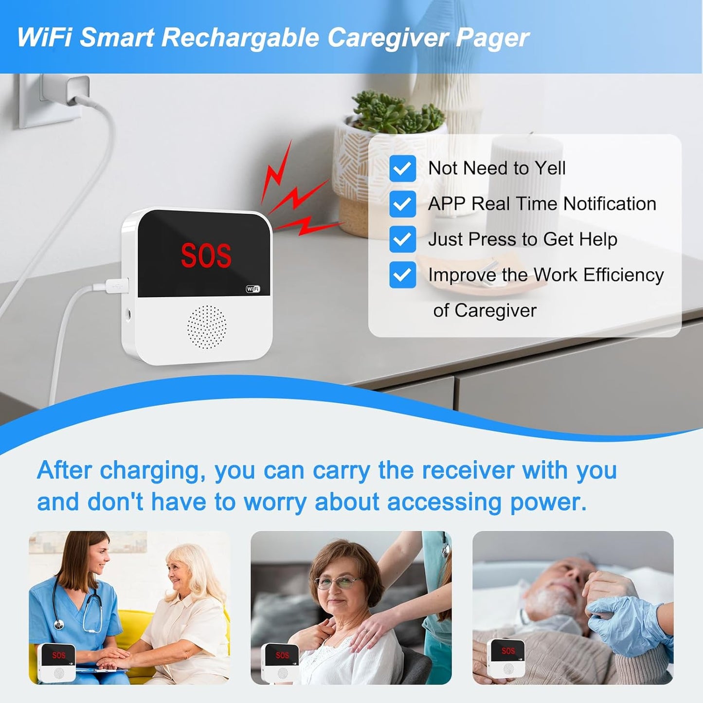WiFi Rechargable Smart Wireless Caregiver Pager Call Button System Nurse Calling Alert System for Elderly Patient Seniors Disabled Kids 2 SOS Panic Buttons 1 Receiver (only Supports 2.4GHz Wi-Fi)