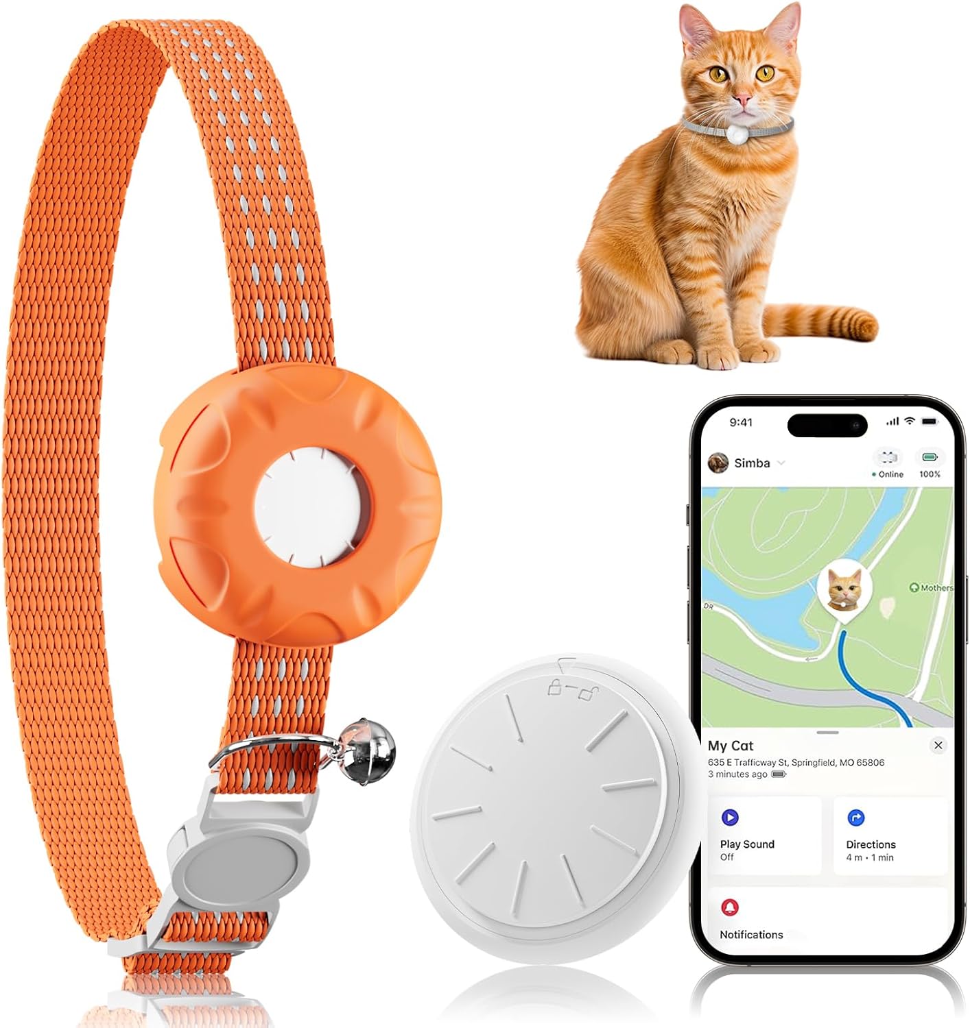 Pet Tracker for Cats, Cat Tracker Collar with Safety Elastic Buckle, Works with Any Collar,Compatible with Apple Find My App (Only iOS), No Monthly Fee, Orange