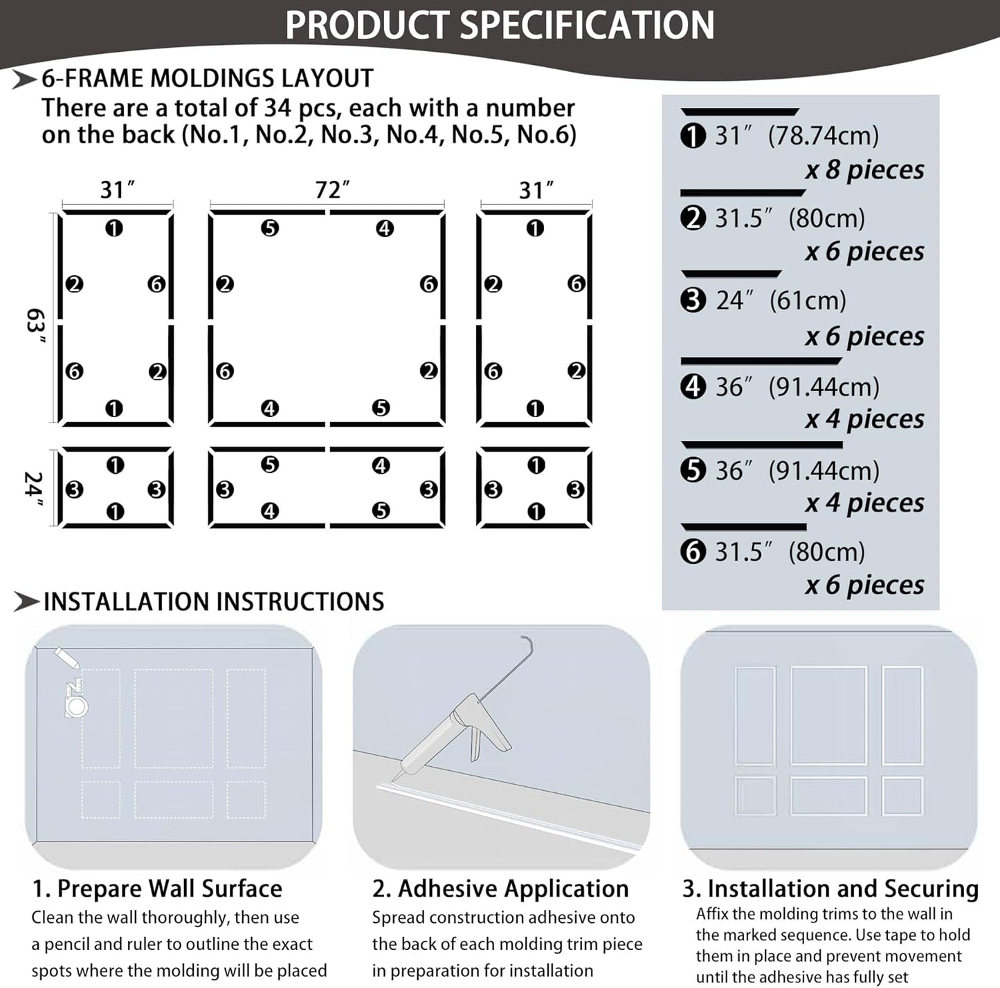 6-Frame Premade Accent Wall Molding Kit, Ready-to-Assemble Wainscoting Panels, Pre-Cut Chair Rail Moulding Trim for Home Décor