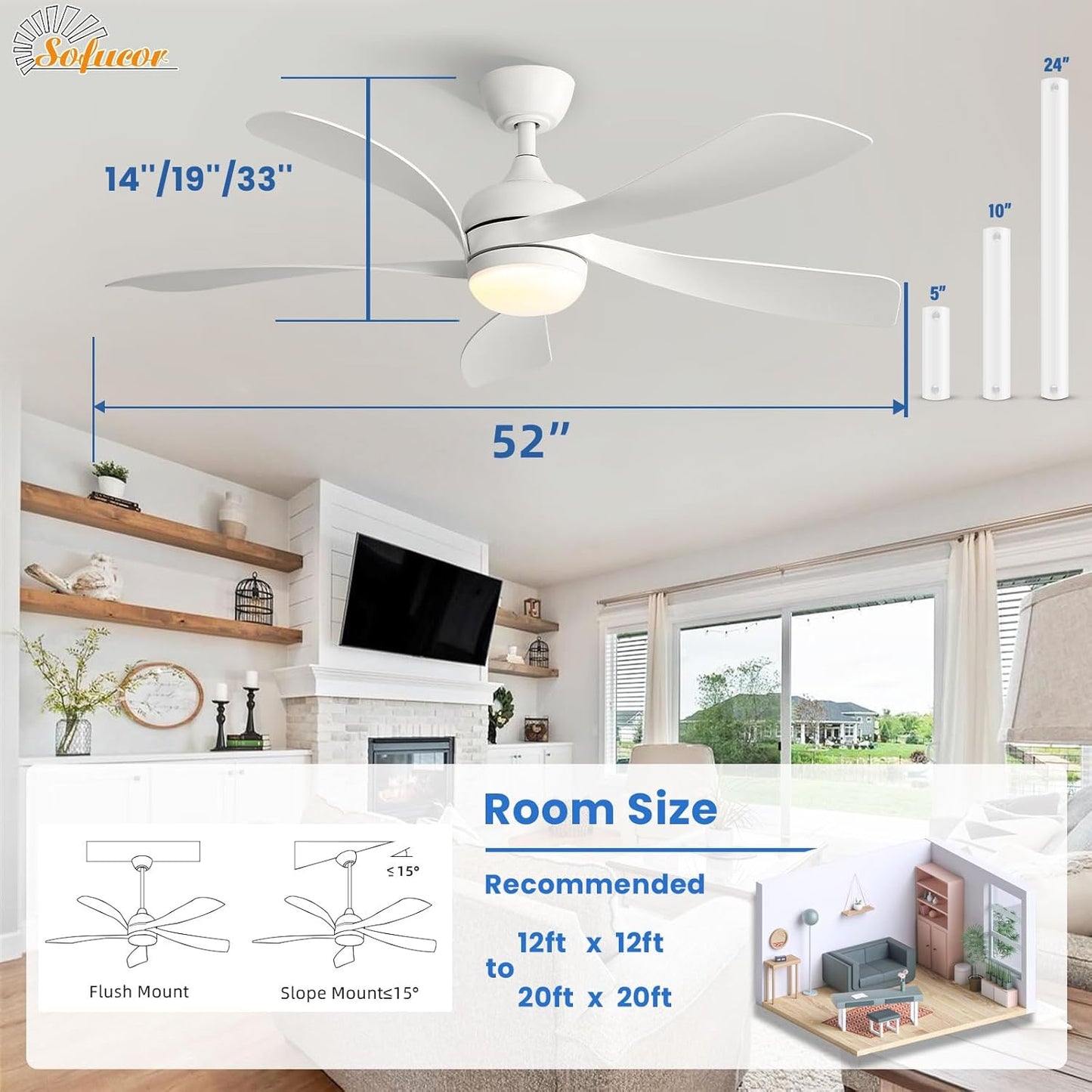 Sofucor 52" Smart Ceiling Fan, Indoor/Outdoor White Ceiling Fans with Lights and Remote, Works with Alexa/Google/App, 3-Color Light 6-Speed Timing Reversible DC Motor for Bedroom Living Room Patio