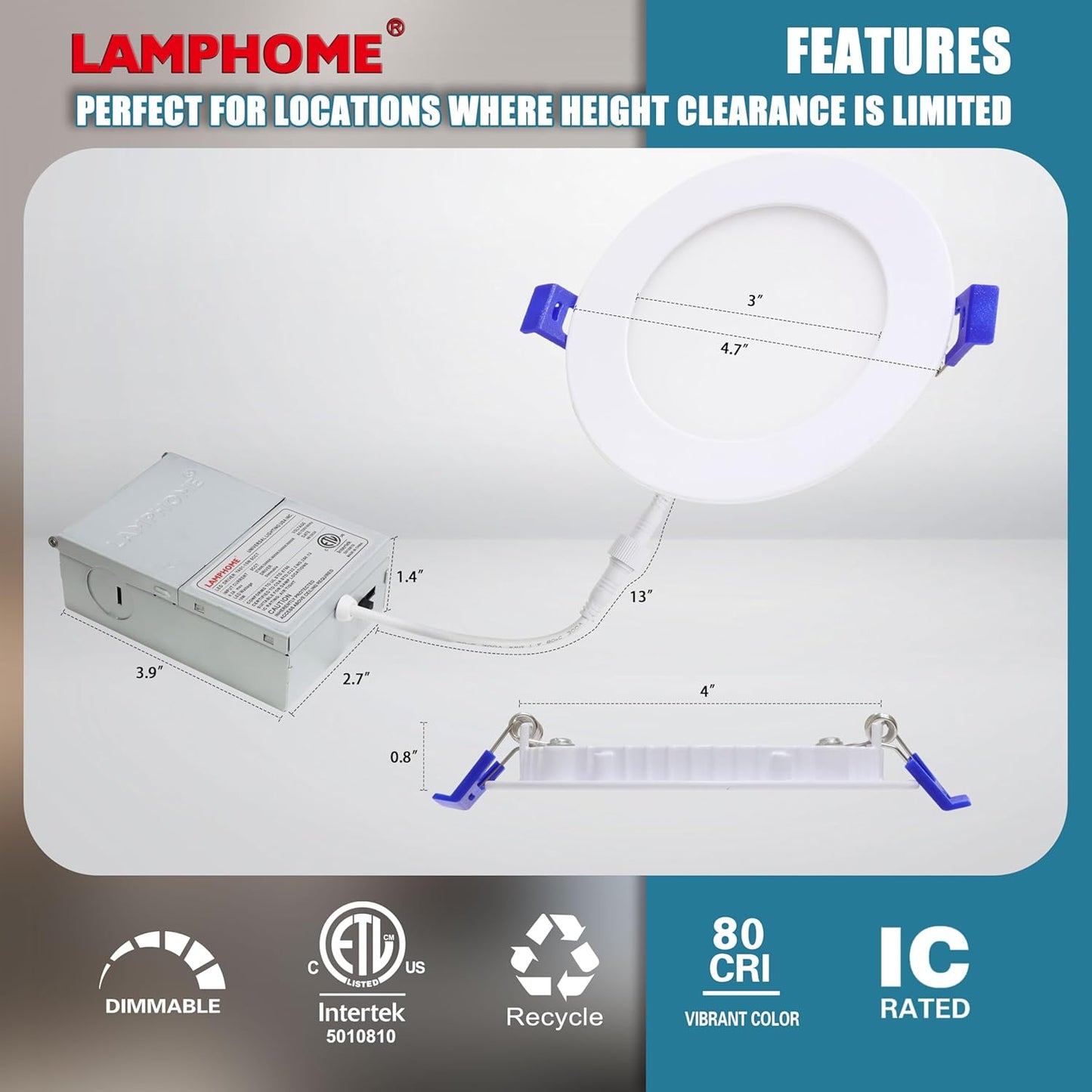 LAMPHOME 12-Pack of 4-Inch Slim LED Recessed Lights with Junction Box, Adjustable Color Temperatures (2700K-5000K), 9W Equivalent to 75W, Dimmable, 950LM Brightness - ETL and Energy Star Certified