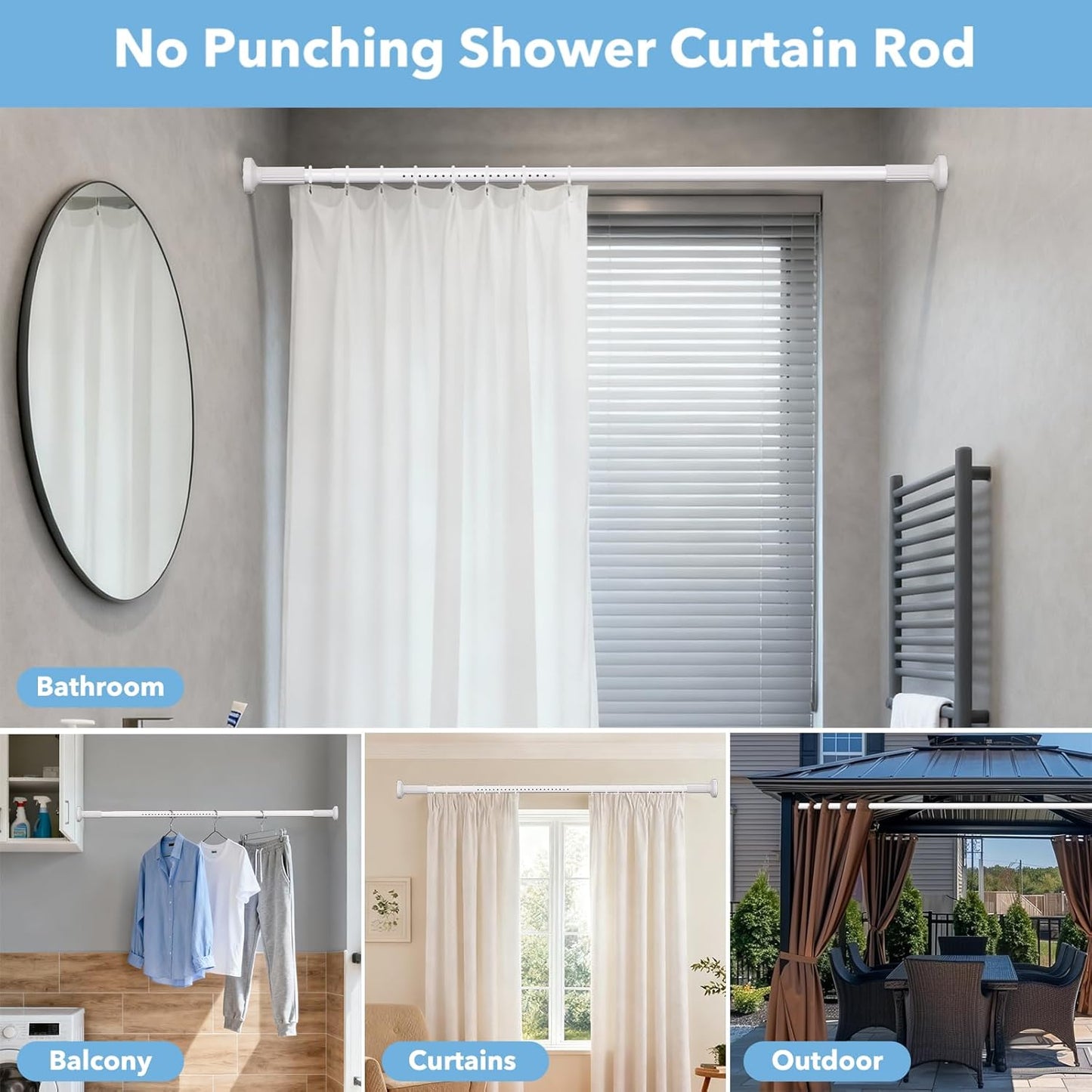 Tension Curtain Rod 51–168 In (4.25–14 ft),Extra Long Outdoor Curtain Rod for Window or Bathroom Patio,Easy to Install No Drilling Never Rust,Heavy Duty Adjustable Spring Shower Rod