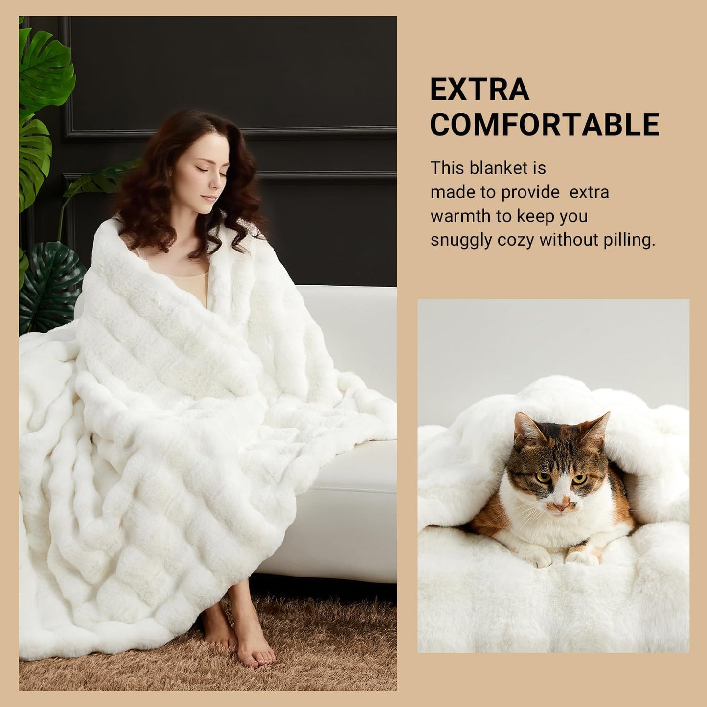 SAPHREAS Faux Fur Throw Blanket for Couch, Fluffy Fuzzy Bubble Blanket for Sofa Bed Living Room, Decor Soft Cozy Gifts for Women Men, 50x60” Cream White