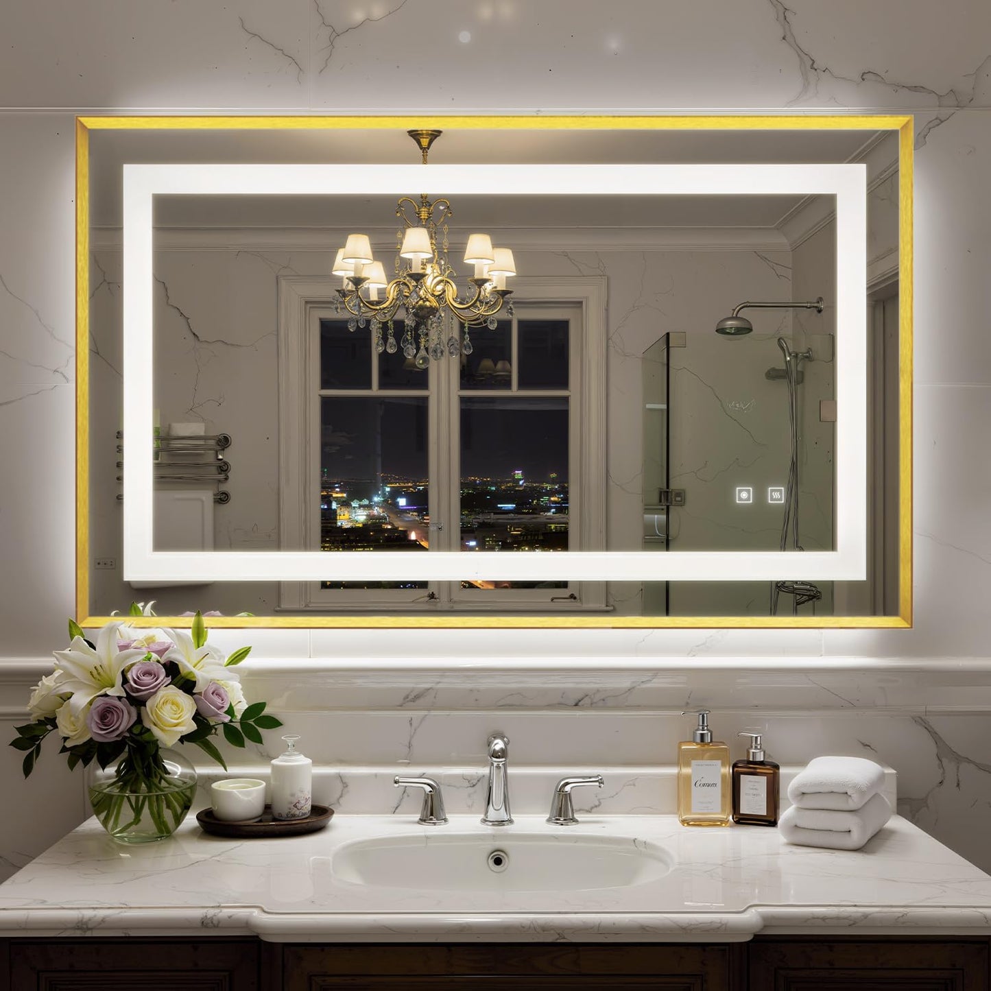 40X24 Inch LED Bathroom Mirror with Lights, Gold Frame Frontlit+ Backlit Bathroom Vanity Mirror for Wall, Ultra-Clear Tempered Glass, Shatter-Proof, Anti-Fog and Memory Function, ETL Listed