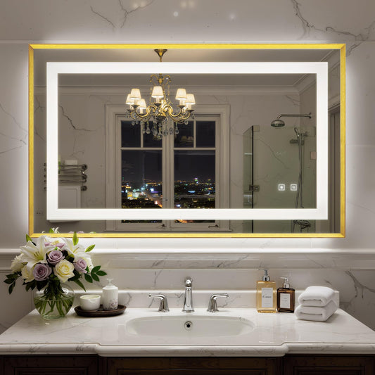 40X24 Inch LED Bathroom Mirror with Lights, Gold Frame Frontlit+ Backlit Bathroom Vanity Mirror for Wall, Ultra-Clear Tempered Glass, Shatter-Proof, Anti-Fog and Memory Function, ETL Listed