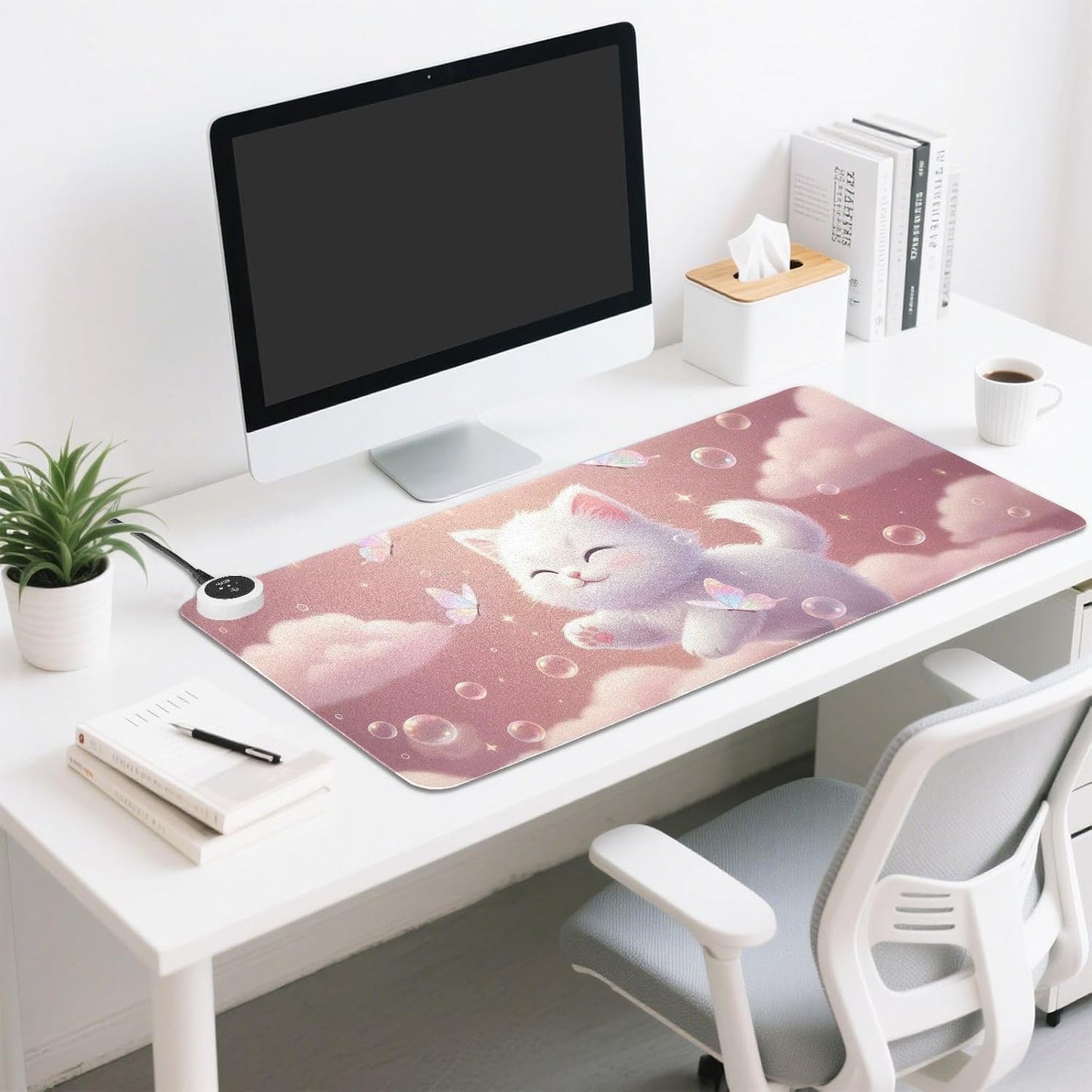 Large Heated Mouse Pad,Leather Desk Mat,31.5"x13",Hand Warmer Pads for Desk,Kitty Bubbles(Pale Pink)