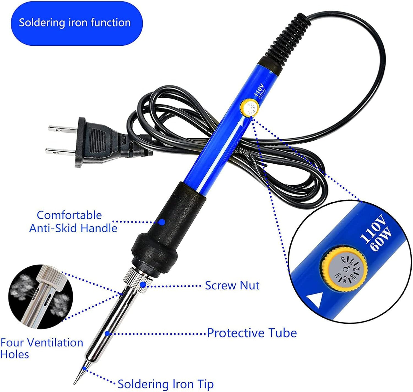 Soldering Iron Kit, 60W 110V Soldering Iron Adjustable Temperature, Desoldering Pump, 5 Solder Tips, Solder Wire, Stand, Solder Wick.
