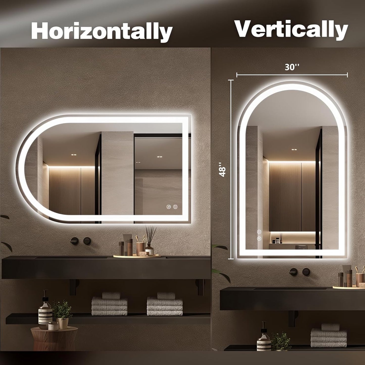 Niccy Arched LED Bathroom Mirror, 48x30 Arch Wall Mounted Frameless Bathroom Mirror for Vanity, Smart Lighted Frontlit Mirrors with Memory Function for Bathroom Bedroom Beauty Hair Salon