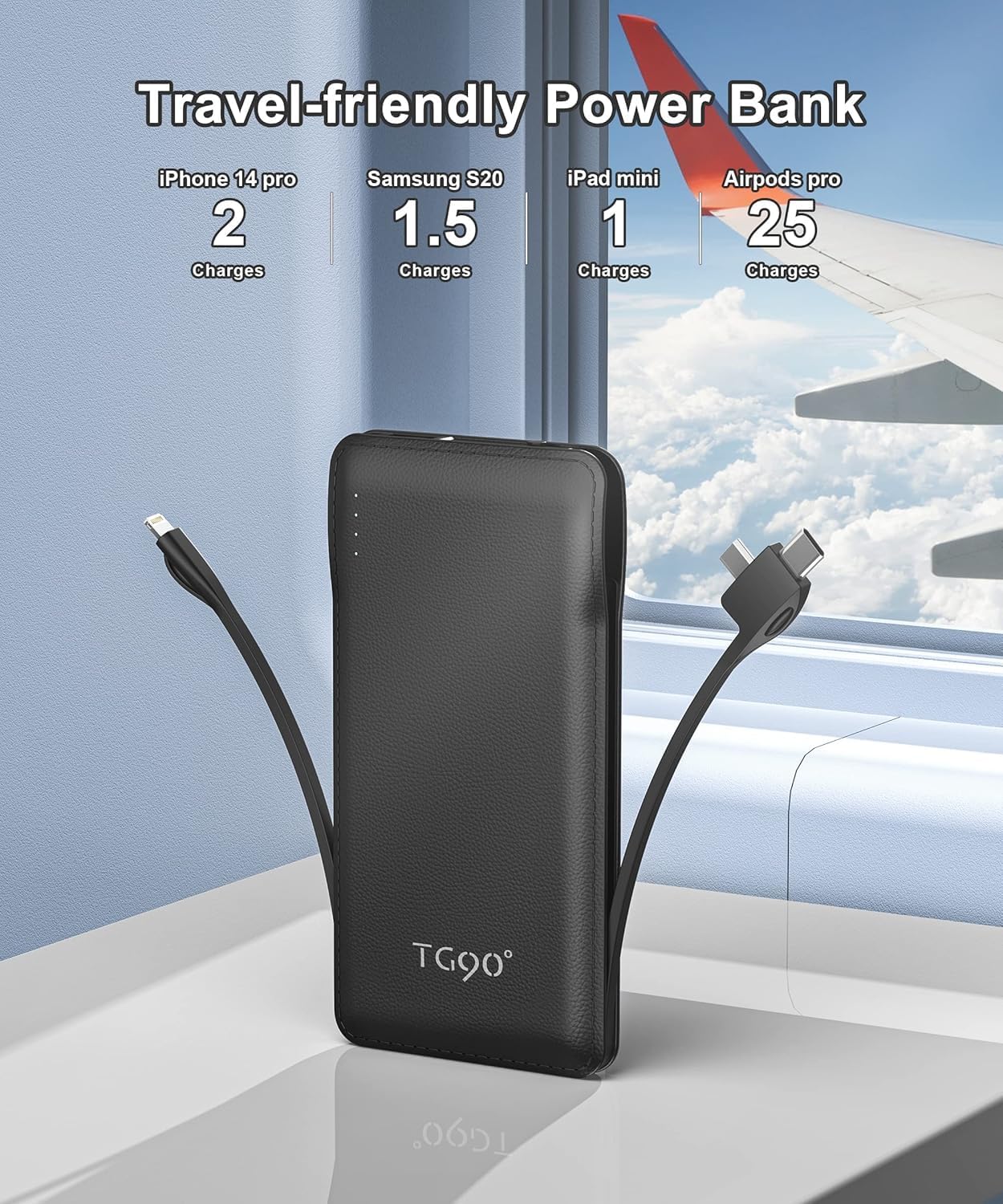TG90° 2 Pack 10000mAh Slim Portable Charger with Built in Cables,Power Bank Travel Charger Cell Phone External Battery Pack,4 Output External Battery Pack Compatible with iPhone Android Phone