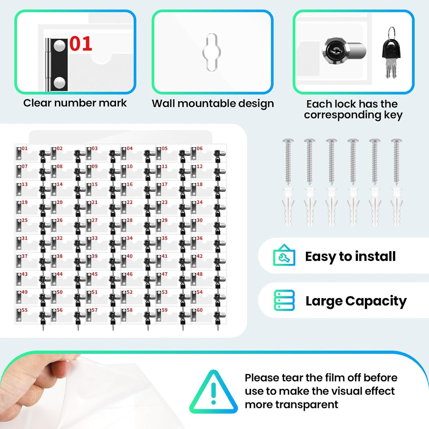 60 Slots Clear Acrylic Cell Phone Locker Box Wall-Mounted with Keys, Lockable Secure Storage Cabinet for Classroom Office Gym, Multi-Use Phone Lock Organizer for Employees Students (Small)