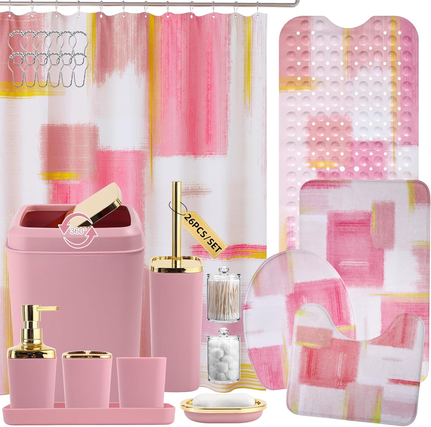 Bathroom Accessories Set - 26PCS Pink Bathroom Set, Bathroom Accessory Set with Shower Curtain and Rugs and Bathtub Mats for Home