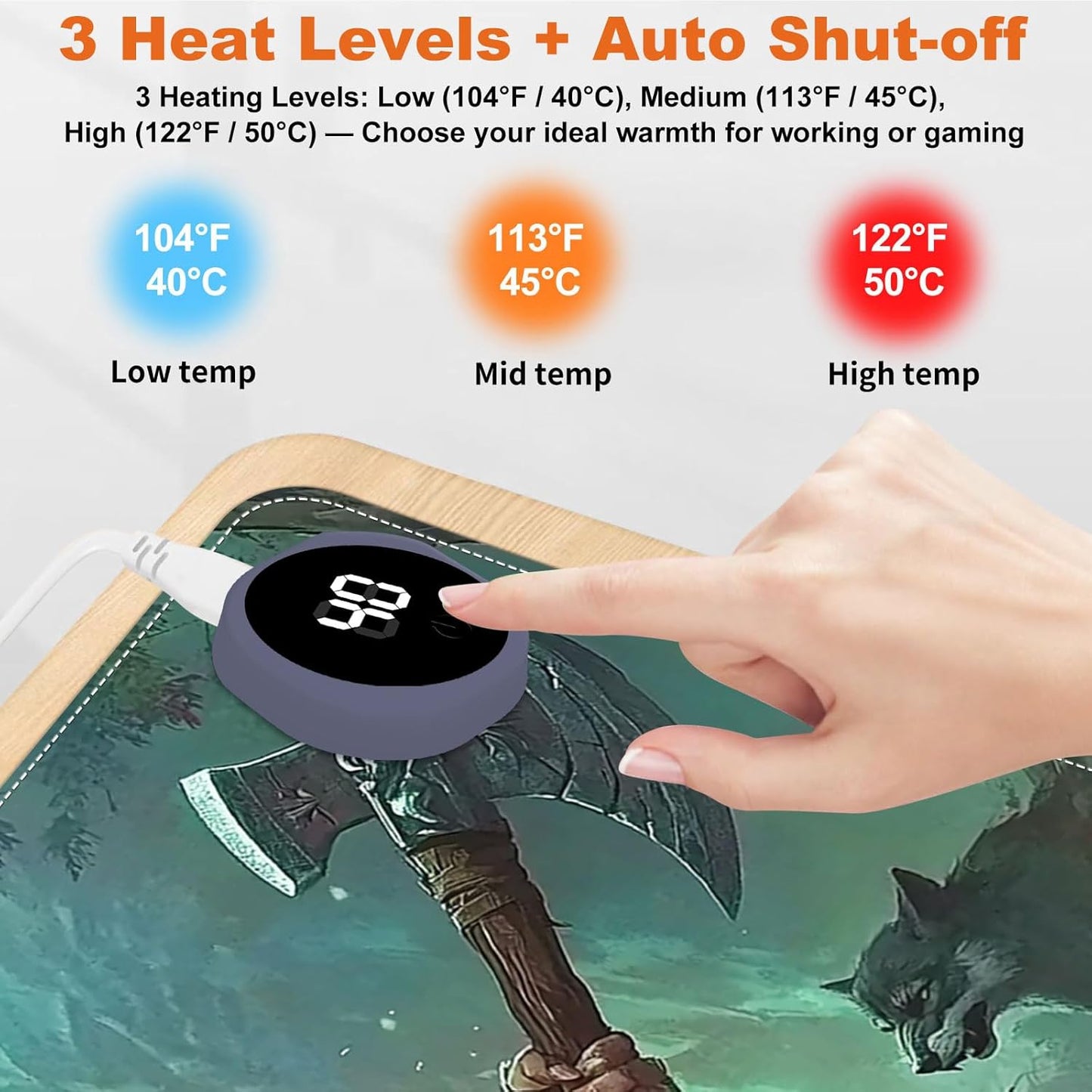 Small Heated Desk Pad 23.6" x 14.2" – Compact Electric Mouse Pad with 3 Heating Levels, Auto Shut-Off, Waterproof PU Surface, Plug-in Warmer for Office or Home Use, Wild Hunter