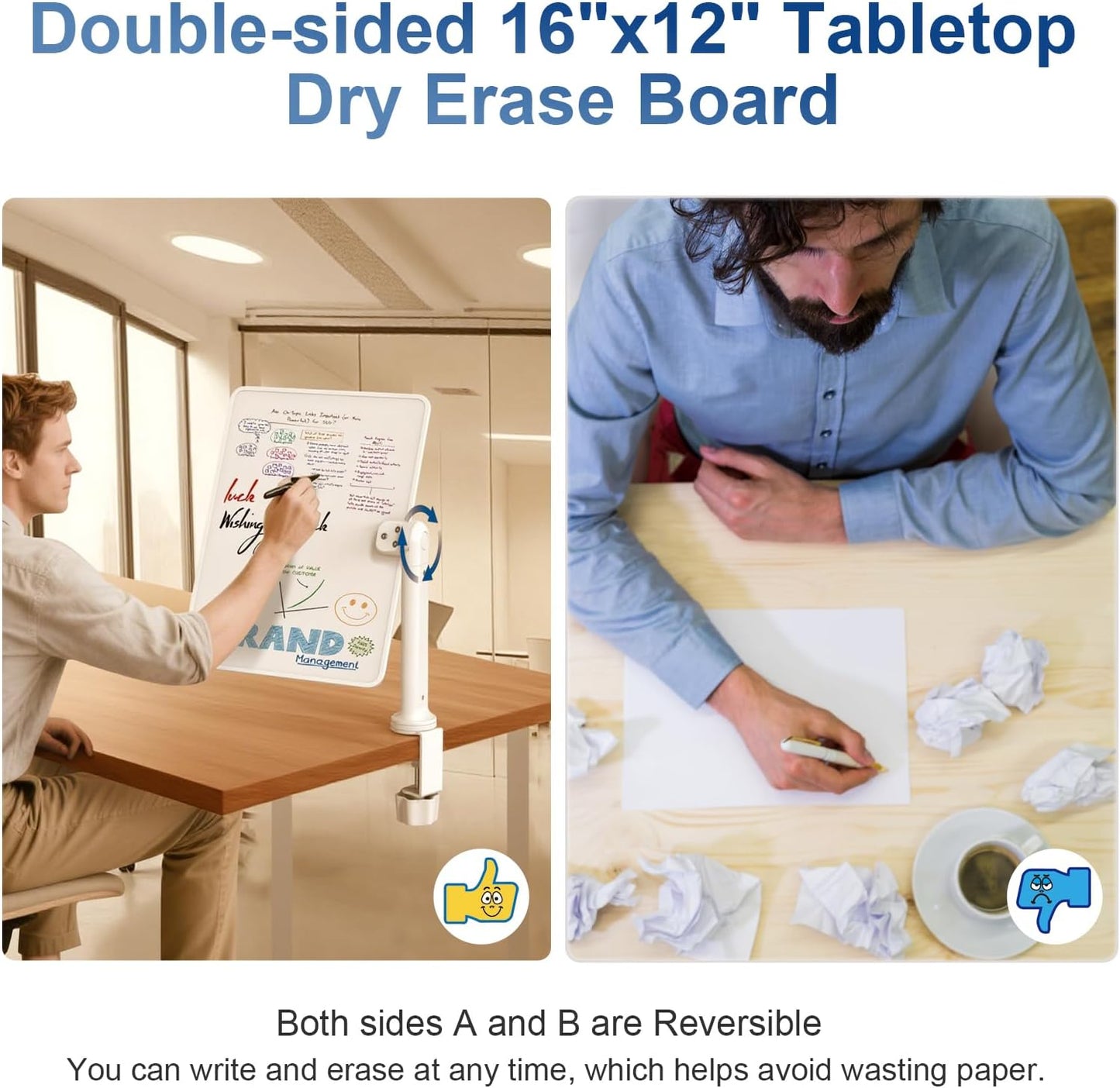 Double-Sided Desk Whiteboard with Dual 360° Swivel - 16" x 12" Clamp-On Desktop Whiteboard for Tables Under 2.3" Thick for Office, Home, School(2pc)