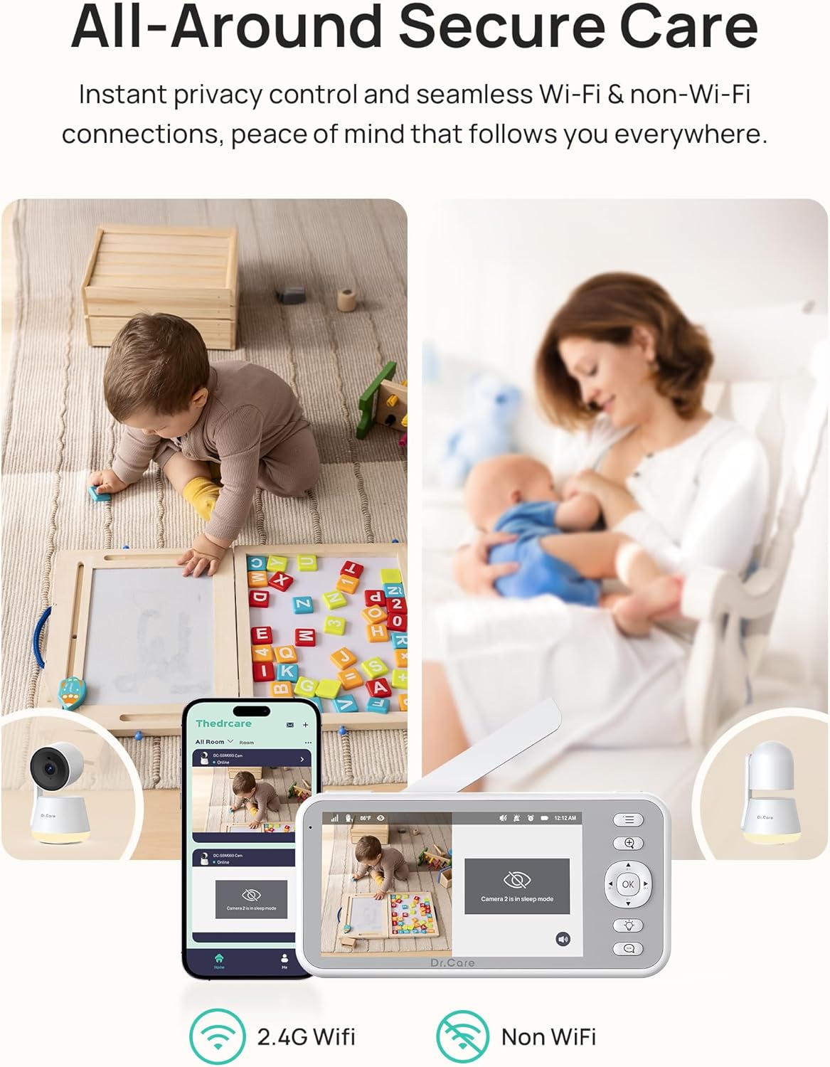Dr.Care LumiView Smart WiFi Baby Monitor - 5" 1080P FHD & 2K Camera App Control, Privacy Mode, 5000mAh Removable Battery,Cry & Motion Alerts, HD Night Vision, RGB Night Light, Multi-User, 1279ft Range