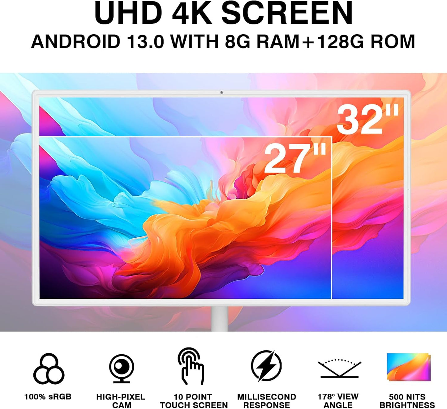 Portable Smart Screen On Wheels, 4K Touchscreen Display, Build-in 4K Camera, Rolling TV Android 13 OS, Built-in Battery (5-8H), Remote Control, 8+128GB Storage (White/32 inches Ultra)