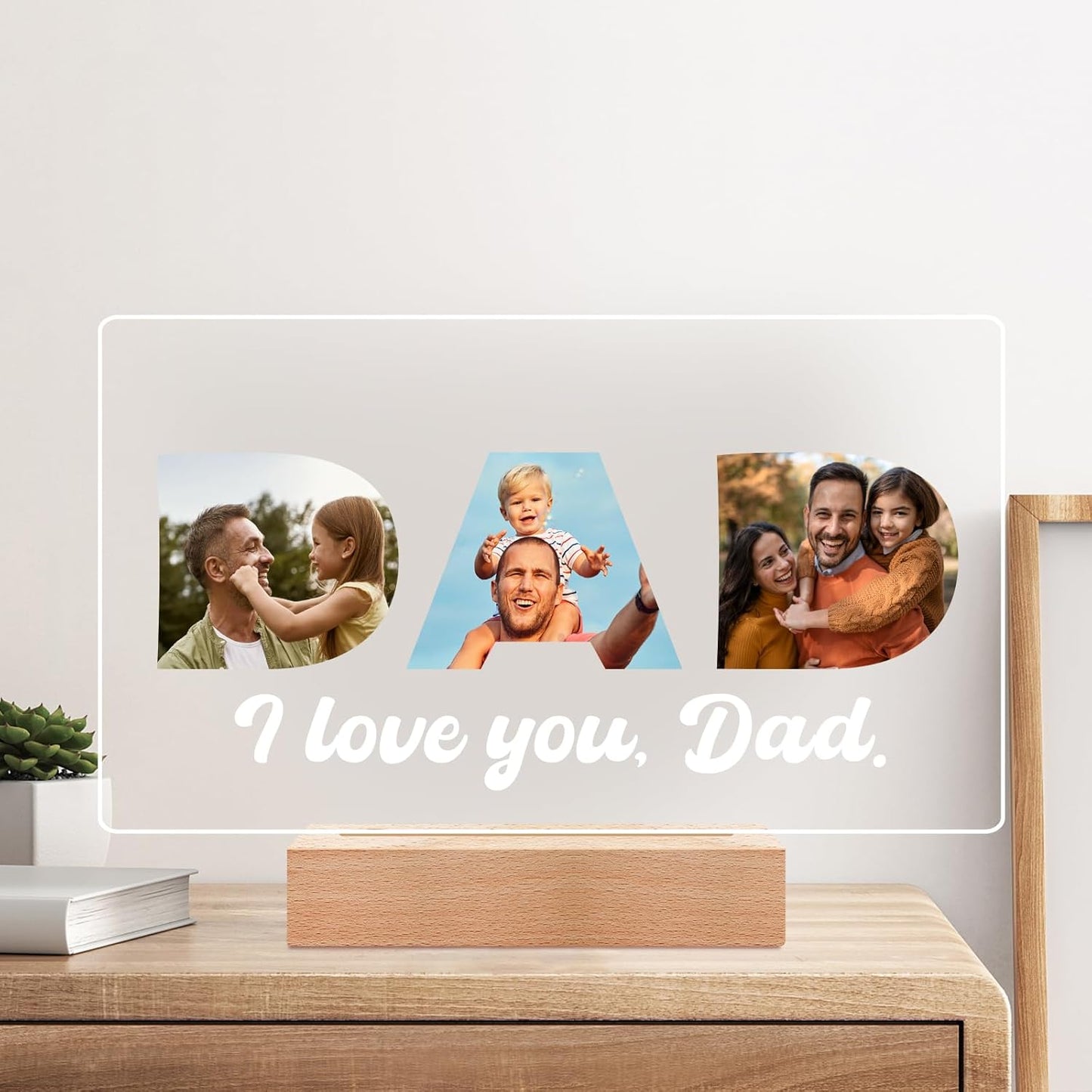 Custom Dad Picture Frame with Photo, Personalized Photo Frame with Night Light, Customized Picture Frames, Personalized Valentines Day Gifts for Dad from Daughter & Son