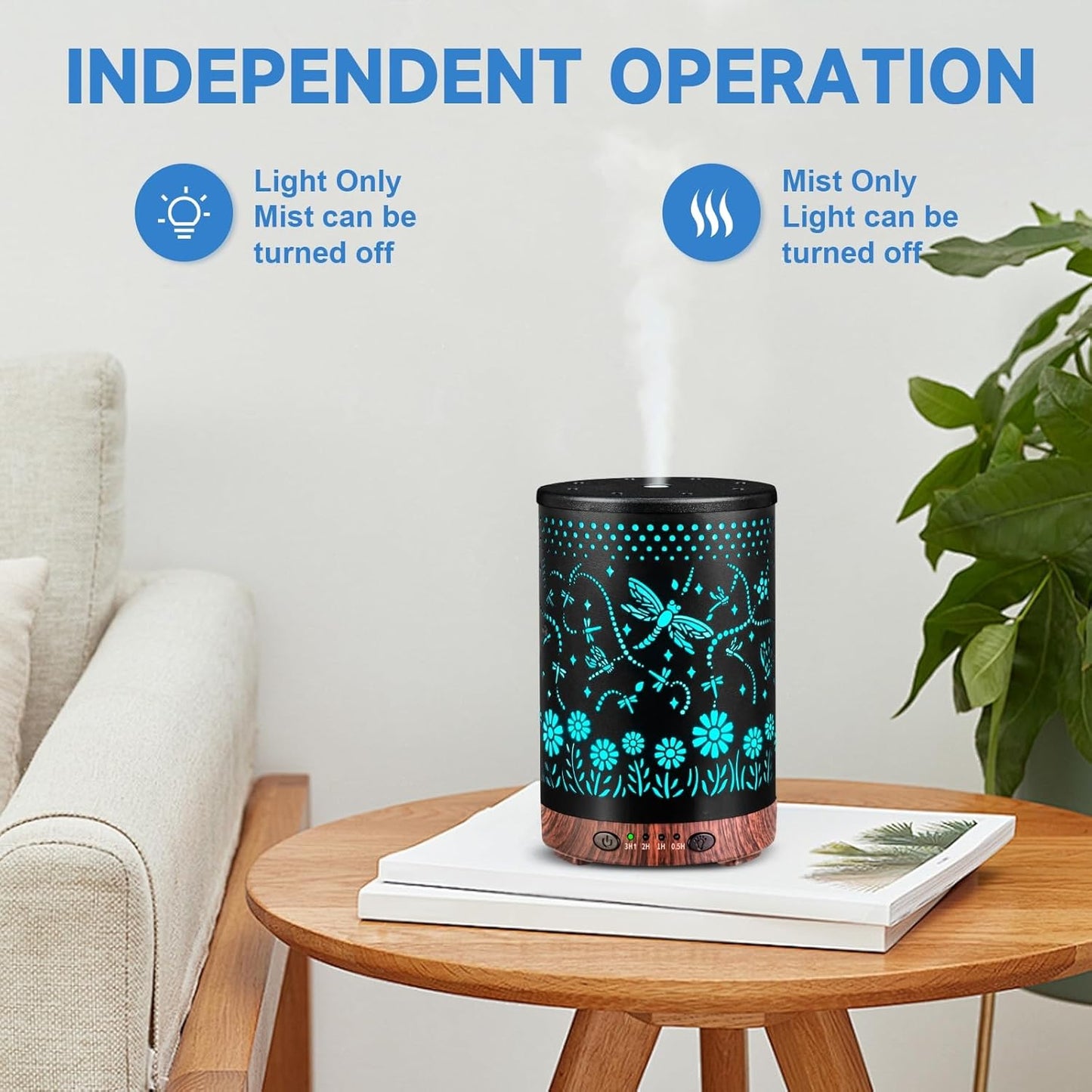 Essential Oil Diffuser 120ML Metal Aromatherapy Diffuser, Cool Mist Humidifier with Auto Shut-Off Protection 7 Color Lights for Home Office Spa (Dragonfly)