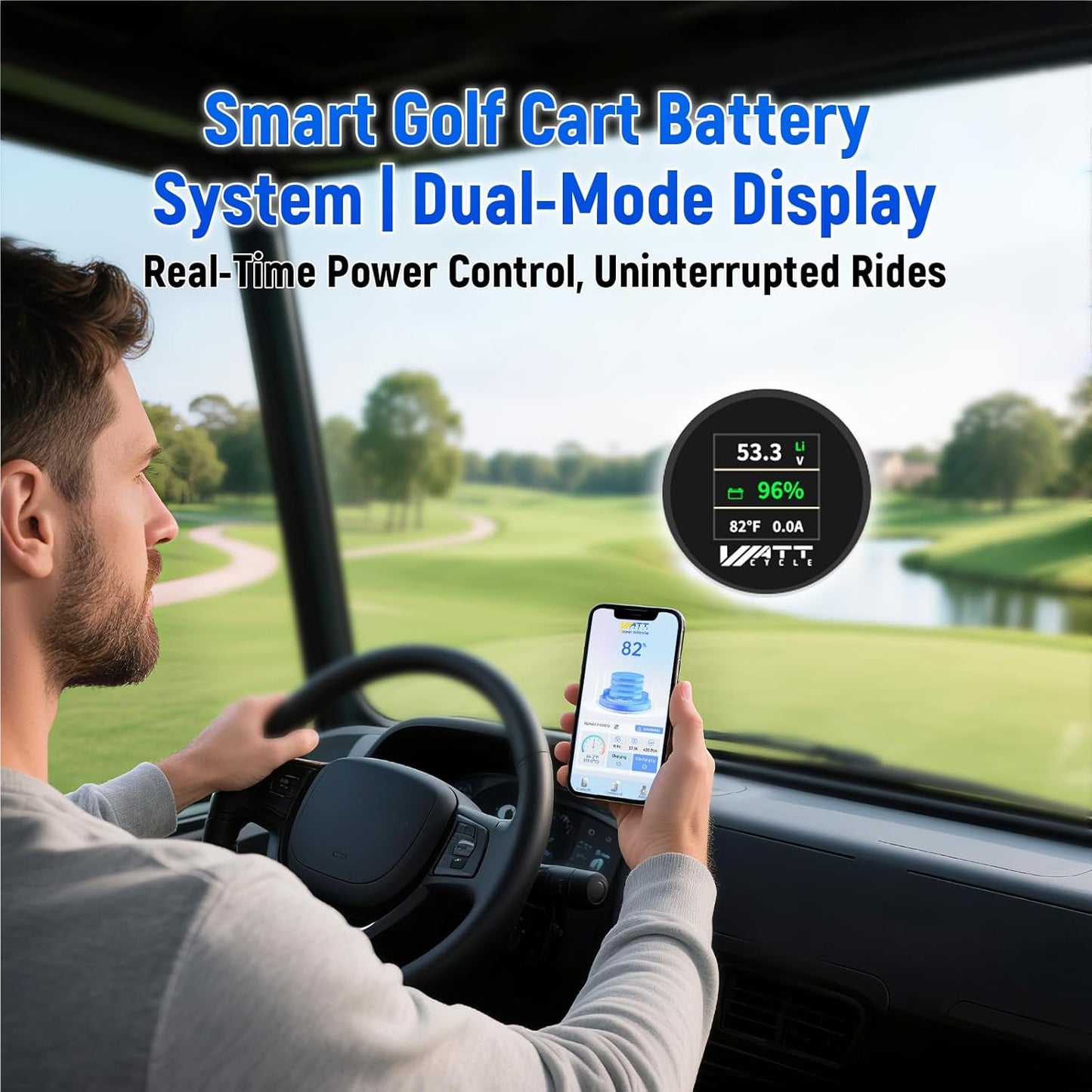 WattCycle 48V 105Ah Golf Cart Batteries 3 Pack, 48V Lithium Battery 250A BMS with 15A Charger, LiFePO4 Battery 15000+ Deep Cycles, IP65 Waterproof Marine Batteries, Built-in Bluetooth, Perfect for RV
