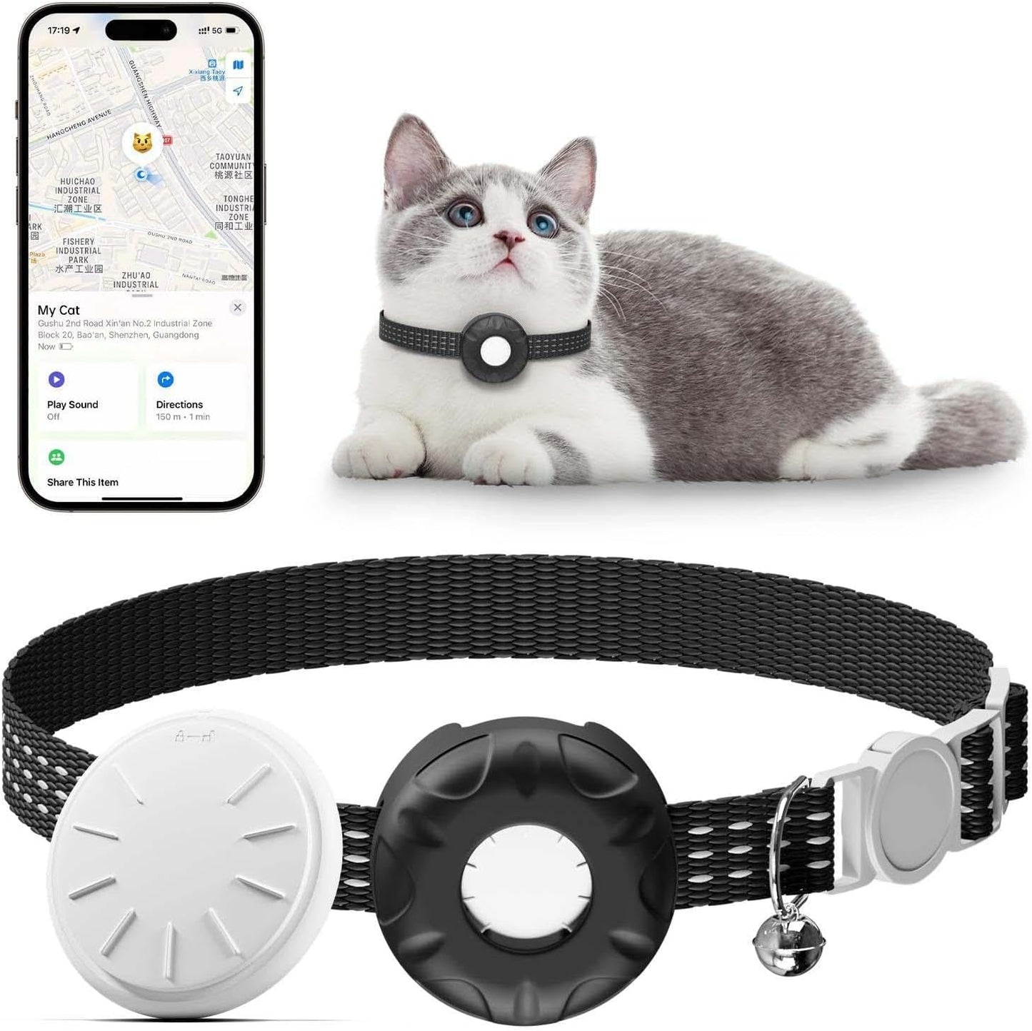 Cat Tracker, Cat Tracker Collar with Safety Elastic Buckle, Works with Any Collar,Compatible with Apple Find My App (Only iOS), No Monthly Fee, Waterproof, Black