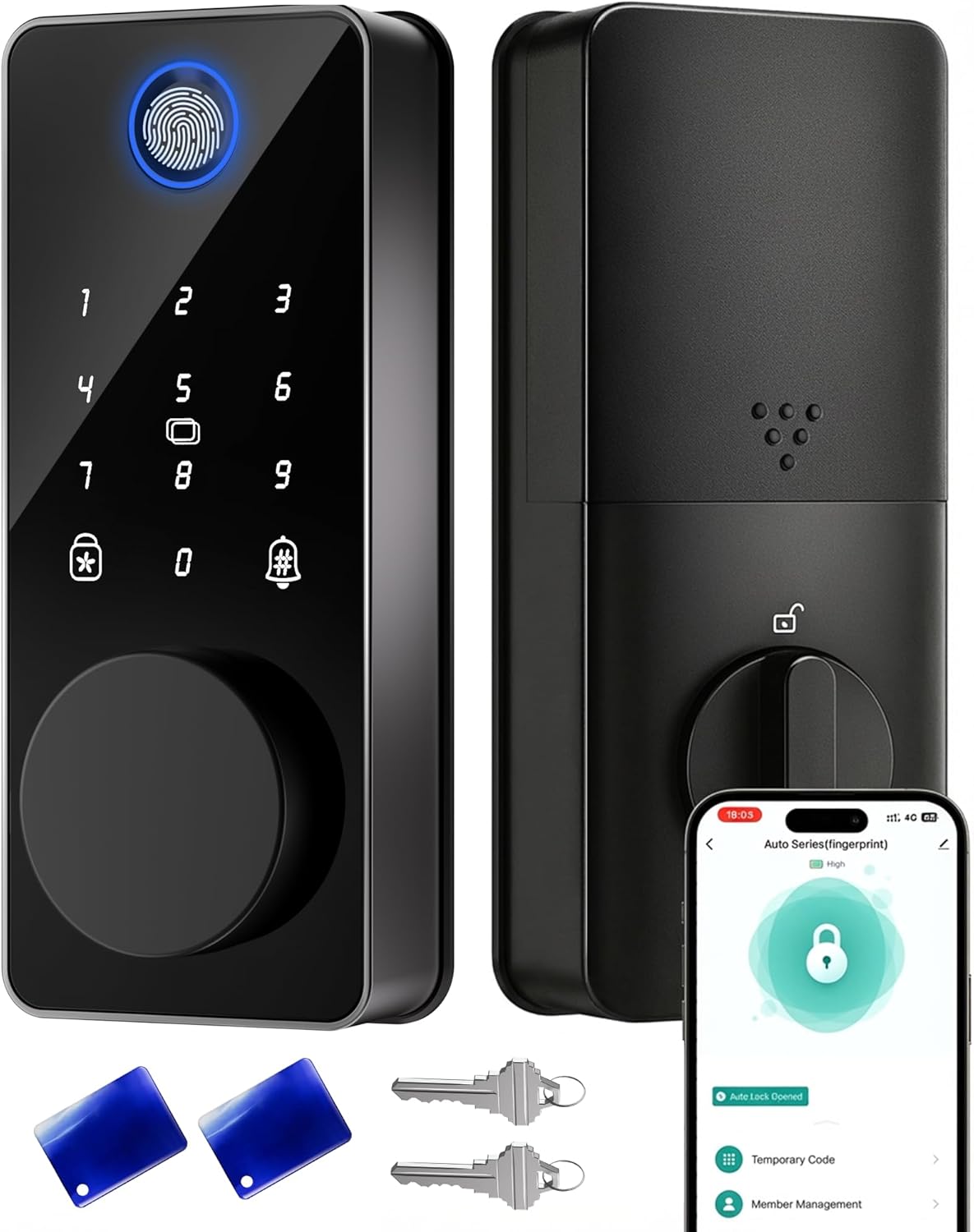 Smart Door Lock, Fingerprint Keyless Entry Deadbolt for Front Door App Control, Electronic Touchscreen Keypad, Auto Locking, IP54 Waterproof, Easy Install Digital Lock