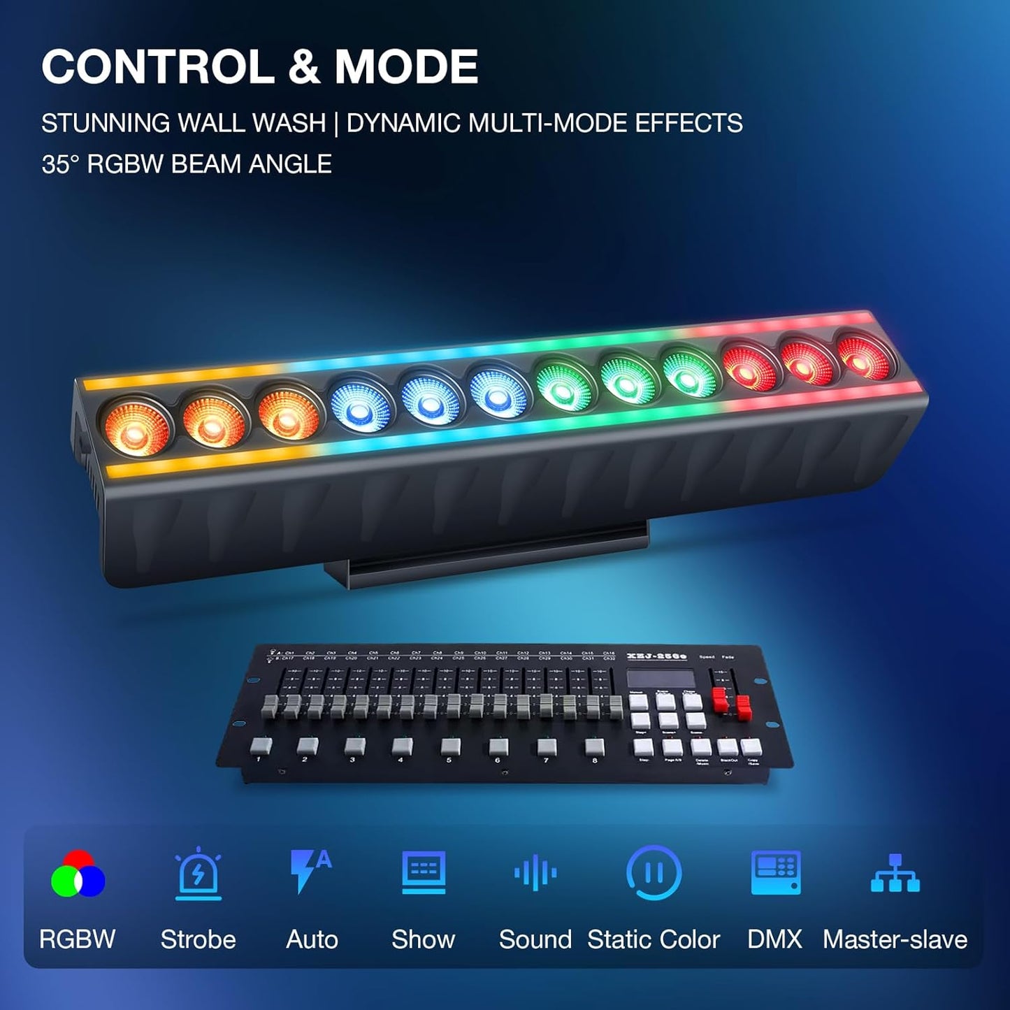 LED Stage Wash Light Bar: Dual-Row Pixel LED Strips Flanked with RGBW Beam - 60W 4IN1 RGBW Color Changing - DMX Control by DJ Party Planner - Uplights for Wedding Christmas Music Show Band - 2 Pack