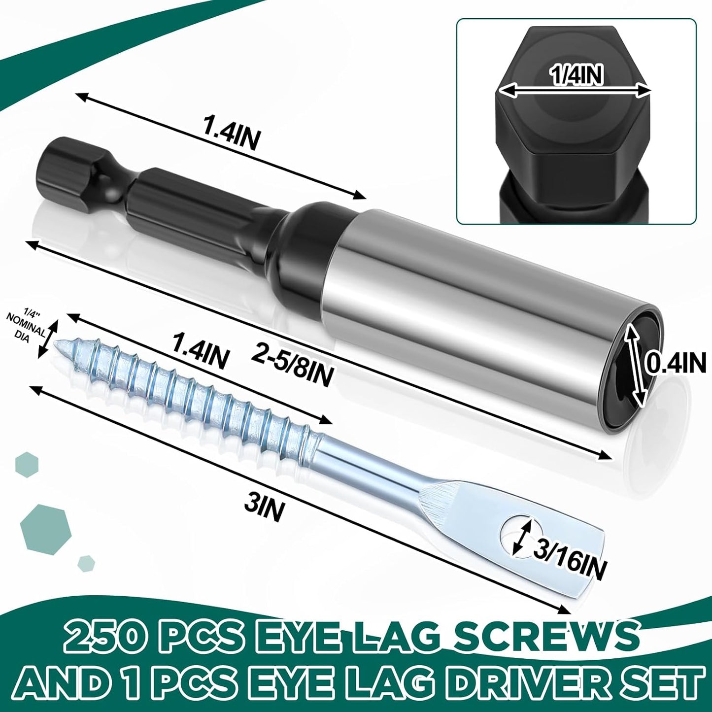 250 Pcs Eye Lag Screws and 1 Pcs Driver Set, 1/4 Inch x 3 Inch Eye Lag Wood Screws Zinc Plated 2-5/8 Inch Quick Install Bit Kit for Use with Attaching Hanger Wire to Ceiling Joists