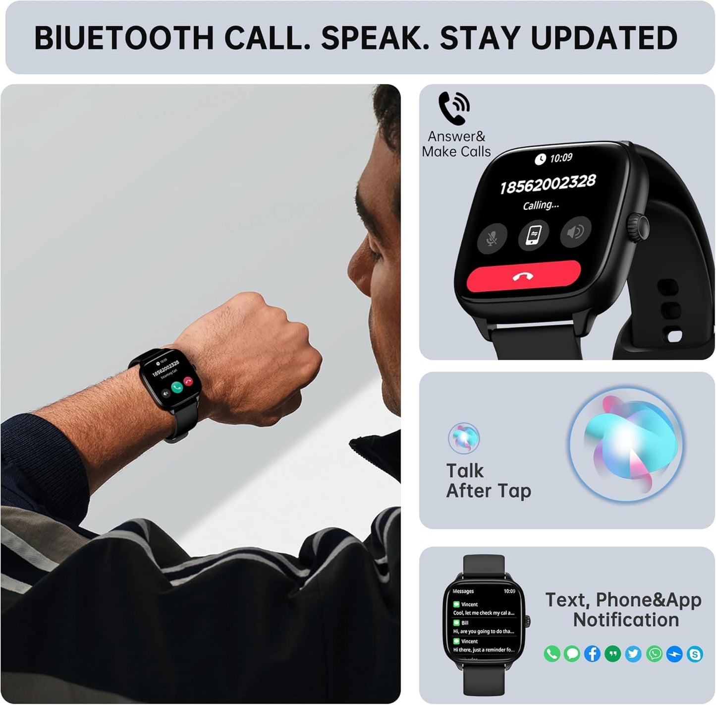 Health Fitness Tracker (Answer/Make Calls), Smart Watch with 24/7 Heart Rate Monitor, Activity Tracker with Blood Pressure, Blood Oxygen, 120+ Sport Modes Sleep Tracker for Women Men (Black)