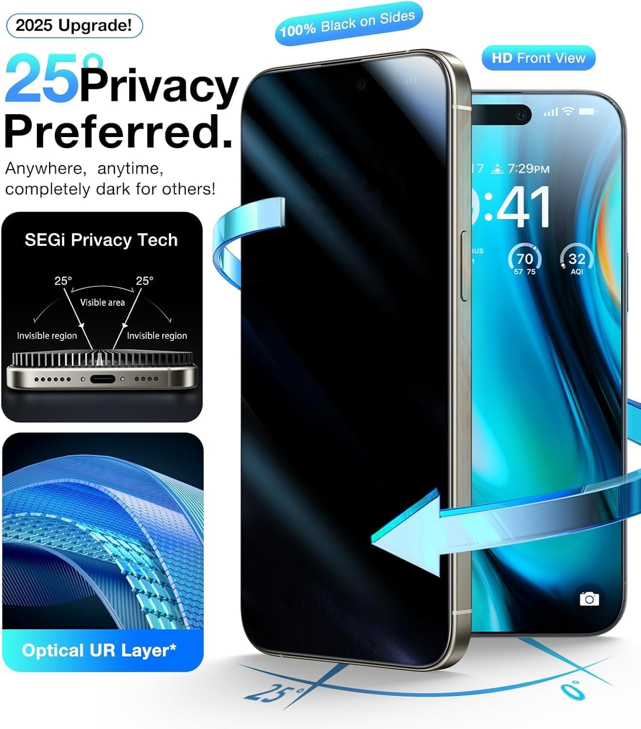 3 Pack for iPhone 16 Pro Max Privacy Screen Protector + 2 Camera Lens Protector 9H+ Tempered Full cover Glass 12FT Military Grade Shatterproof Anti Spy Auto Alignment Kit