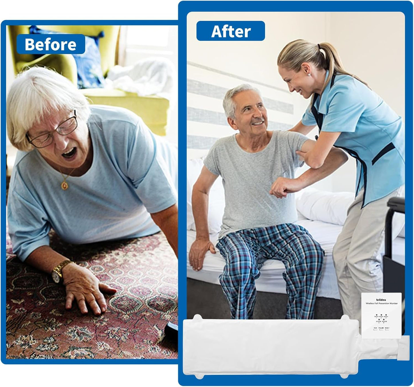 Briidea Wireless Bed Alarm for Elderly Adults, Fall Prevention Monitor, Bed Sensor Pad & Pager with Pre-Alarm Function, Give Early Warning, Two Modes Personalized Sensing