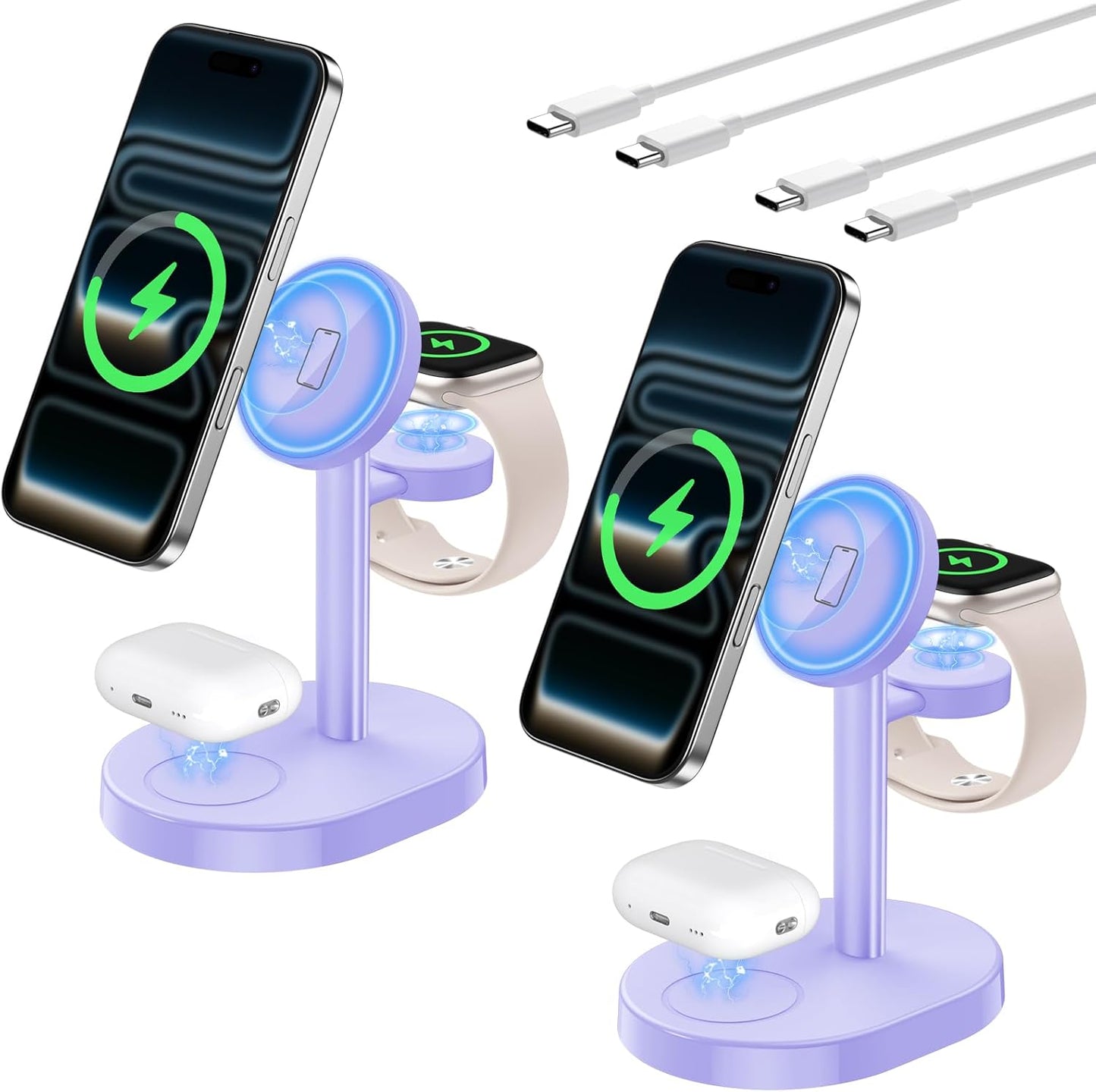 2025 3 in 1 Wireless Charging Station for Apple MagSafe Charger, 15W Fast Magnetic Mag-Safe Charger Stand for iPhone 17 16 15 14 13 12 Watch AirPods, 2 Pack(Adaptor Not Included)