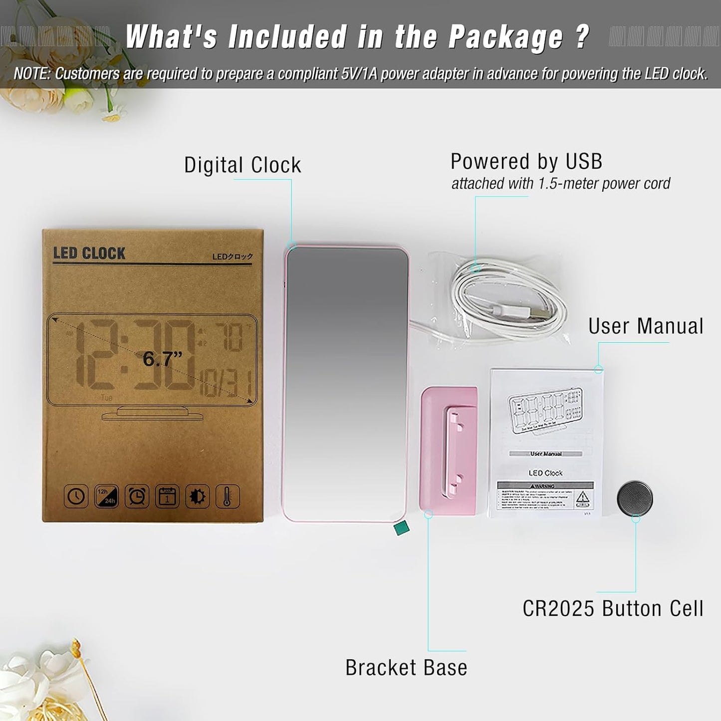 KOSUMOSU Pink Digital Clock 6.7in Desk Clock with Dual Alarm Clock, Dimming, 12/24h, Date, Day of Week, Temp, Digital LED Clock, Alarm Clock for Table, Digital Calendar Table Clocks for Bedrooms