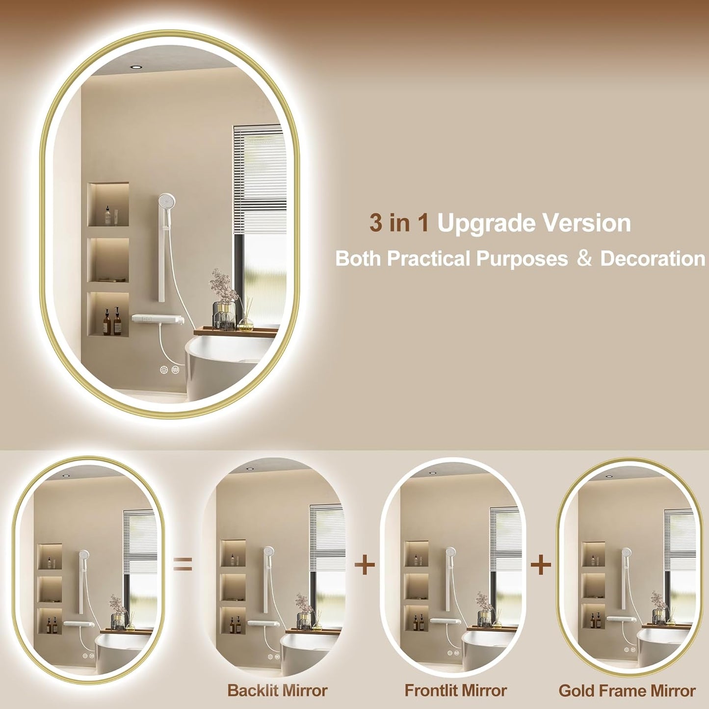S'bagno Oval-Led-Bathroom-Mirror with Golden Frame Dimmable Brightness, Lghted-Bathroom-Mirror with Defogger, Touch-Buttons, Lights Color Changing, Vertical and Horizontal