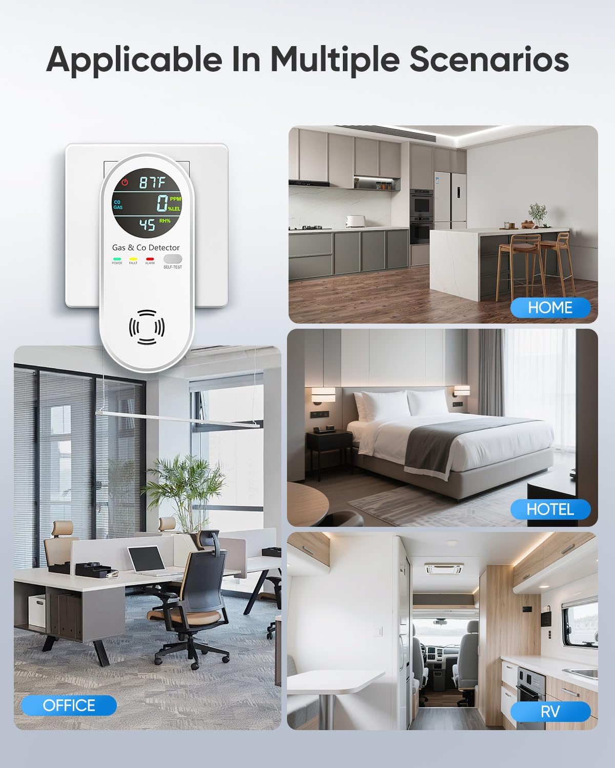 Carbon Monoxide Detectors & Natural Gas Detector, 4-in-1 Carbon Monoxide Detectors Plug in, Gas Leak Detector with Dual Alarms, Temperature & Humidity Sensor for Home, RV Essentials, White, 2 Pack
