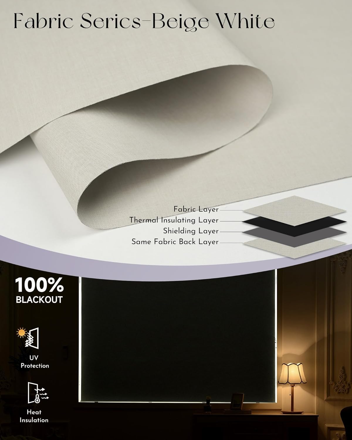 Graywind Smart Blackout Roller Shades Compatible with Alexa Google Triple Weaved Fabric Rechargeable Motorized Blinds Cordless Remote Control Window Shades, Custom Size (Beige White)
