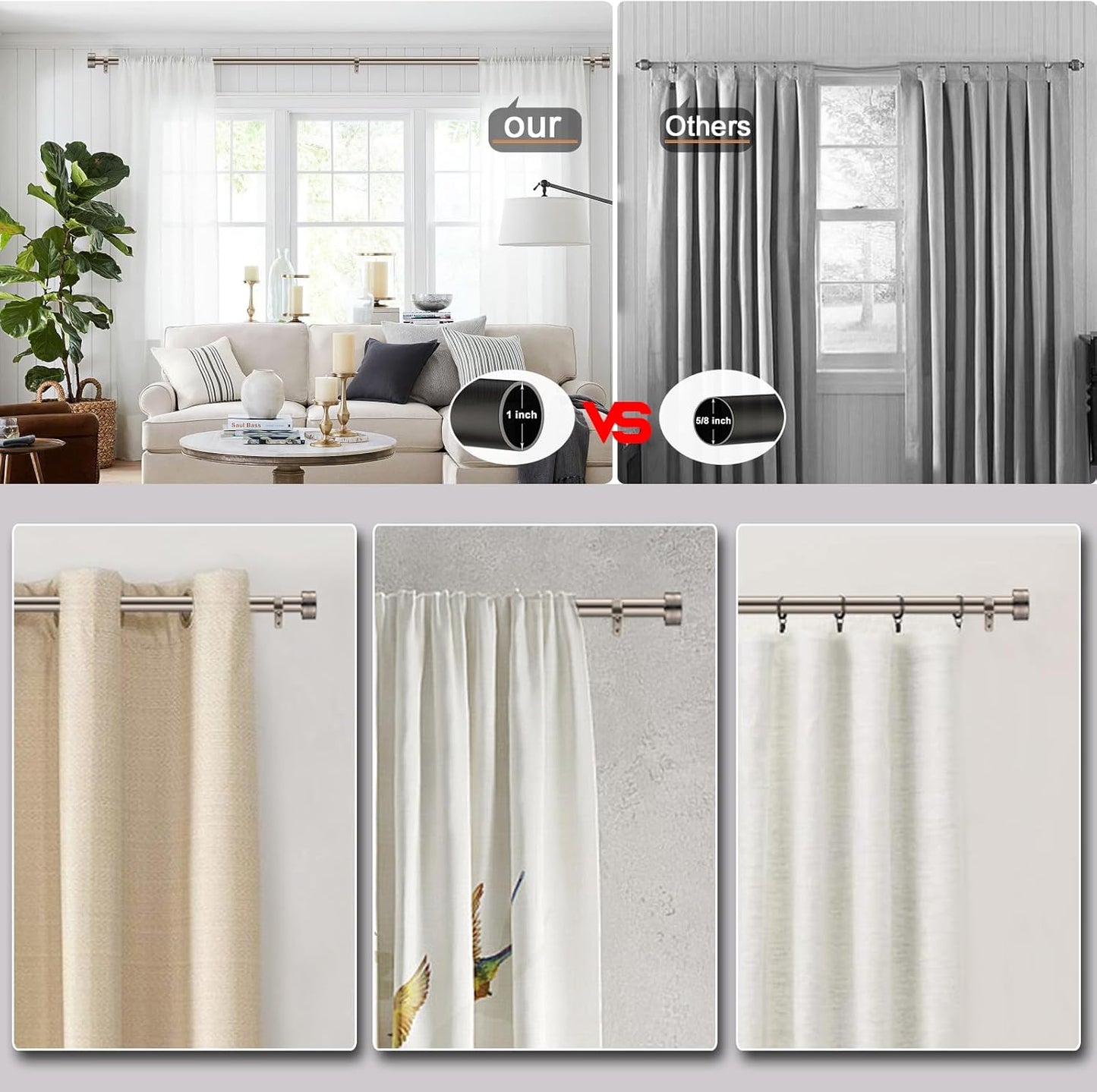 Brushed Nickel Curtain Rod for Windows 18 to 88 Inches, 1 Inch Adjustable Drapery Pole, Heavy Duty Outdoor/Indoor Modern Curtain Rods, Easy Installation(Satin Nickel 18"-88")