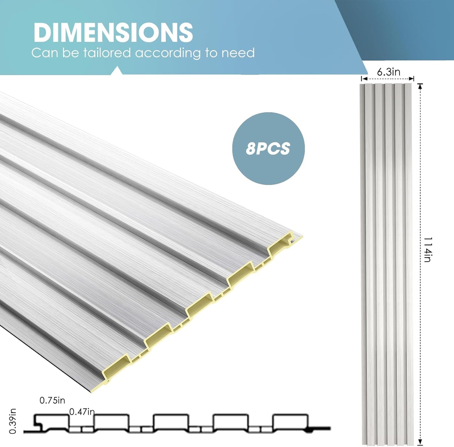 OUZUGIE WPC Acoustic Slat Wall Paneling, 8-Pack 114 x 6 Inches 3D Wall Panels for Interior Wall Decor,Living Room,TV Background,Study Room,Office Spaces,Bedroom,Low Grille (Metallic Silver)