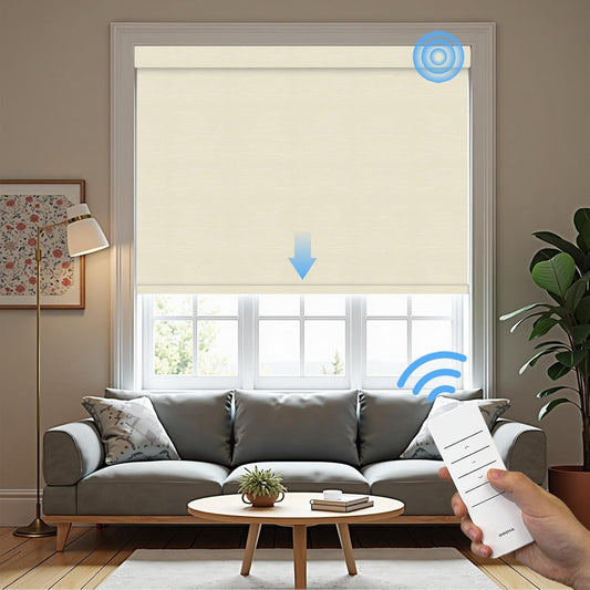 Motorized Roller Blinds with Remote, 100% Blackout Automatic Roller Shades for Bedroom, Bathroom, and Living Room, Customized Size, Desert Sand Beige