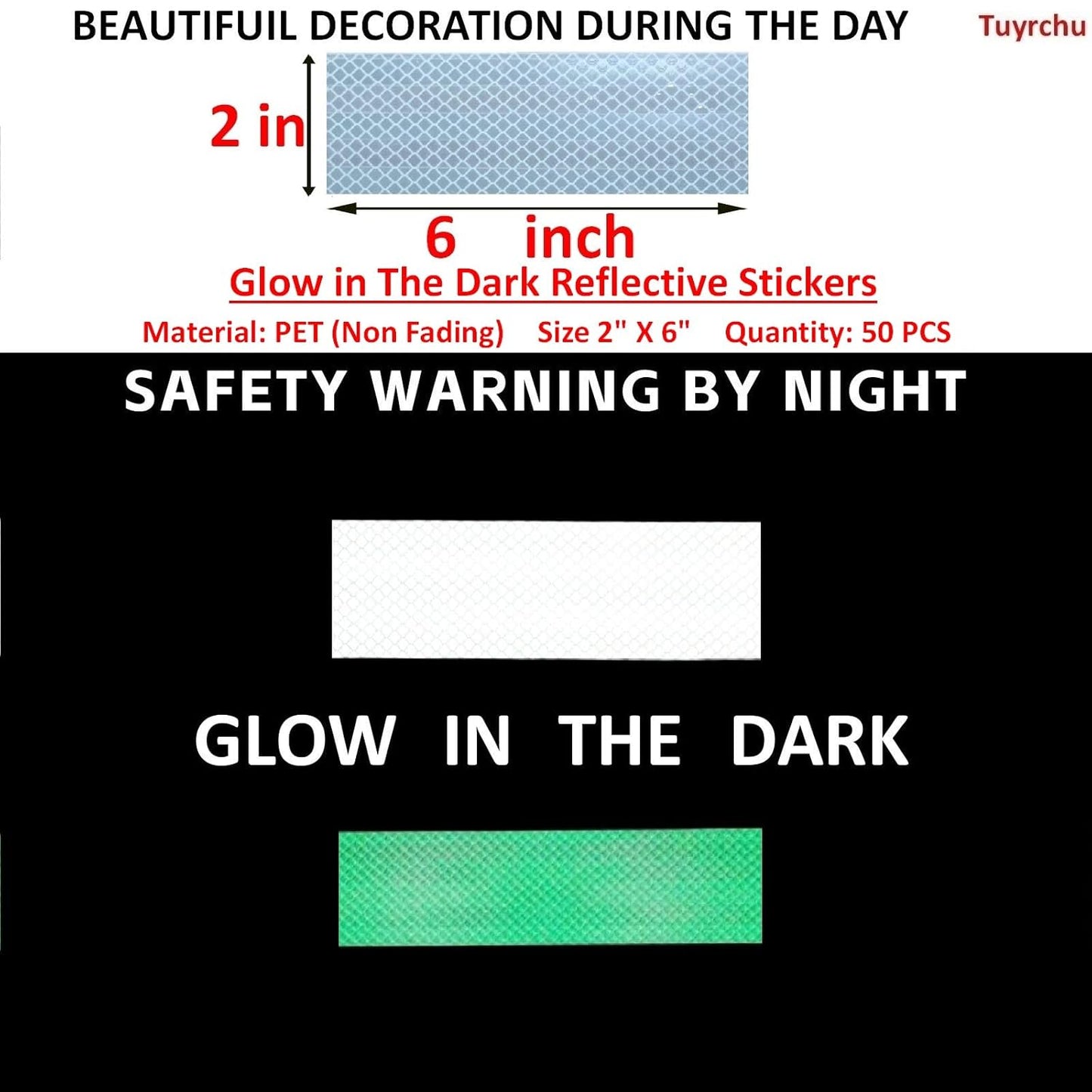 Glow in The Dark Reflective Stickers 2 inch X 6 inch for Truckskes, Warning Strong Safety Adhesive Reflective Strips (50 Pcs)
