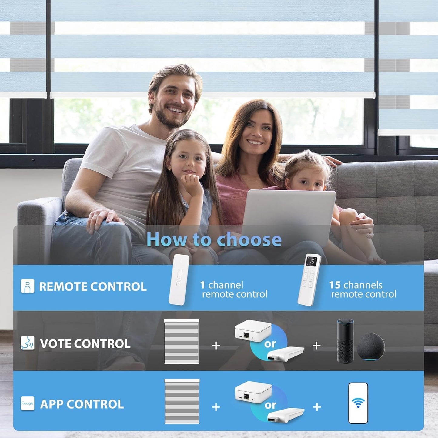 LazBlinds Motorized Zebra Roller Shades, Rechargeable Smart Blinds with Remote Control, Custom Size Light Filtering Dual Layer Roller Sheer Shades, Blue
