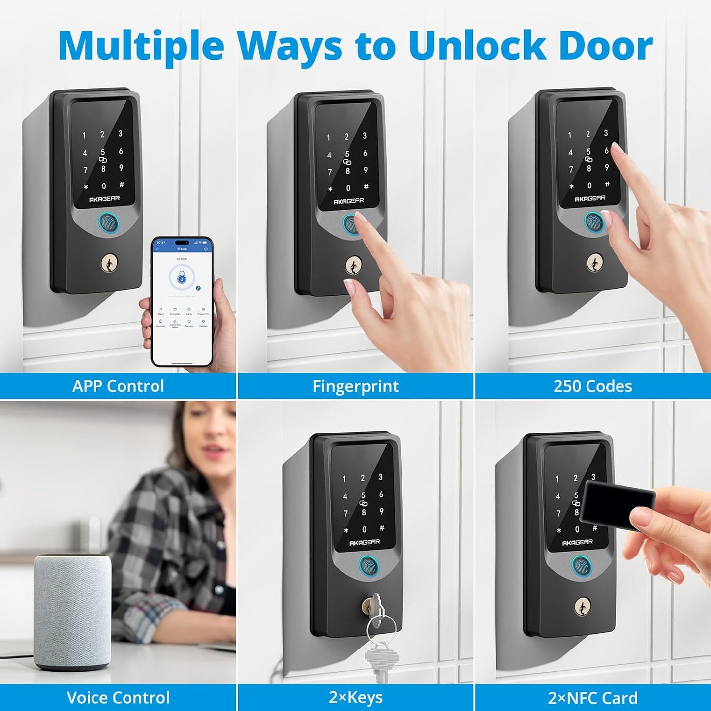 T02 Fingerprint Keyless Entry Door Lock - Built in WiFi, Smart Lock for Front Door, App Remote Control, Auto Lock, Keys, Fob Card, PIN Code Unlock, Touch Keypad Deadbolt with Batteries, Black