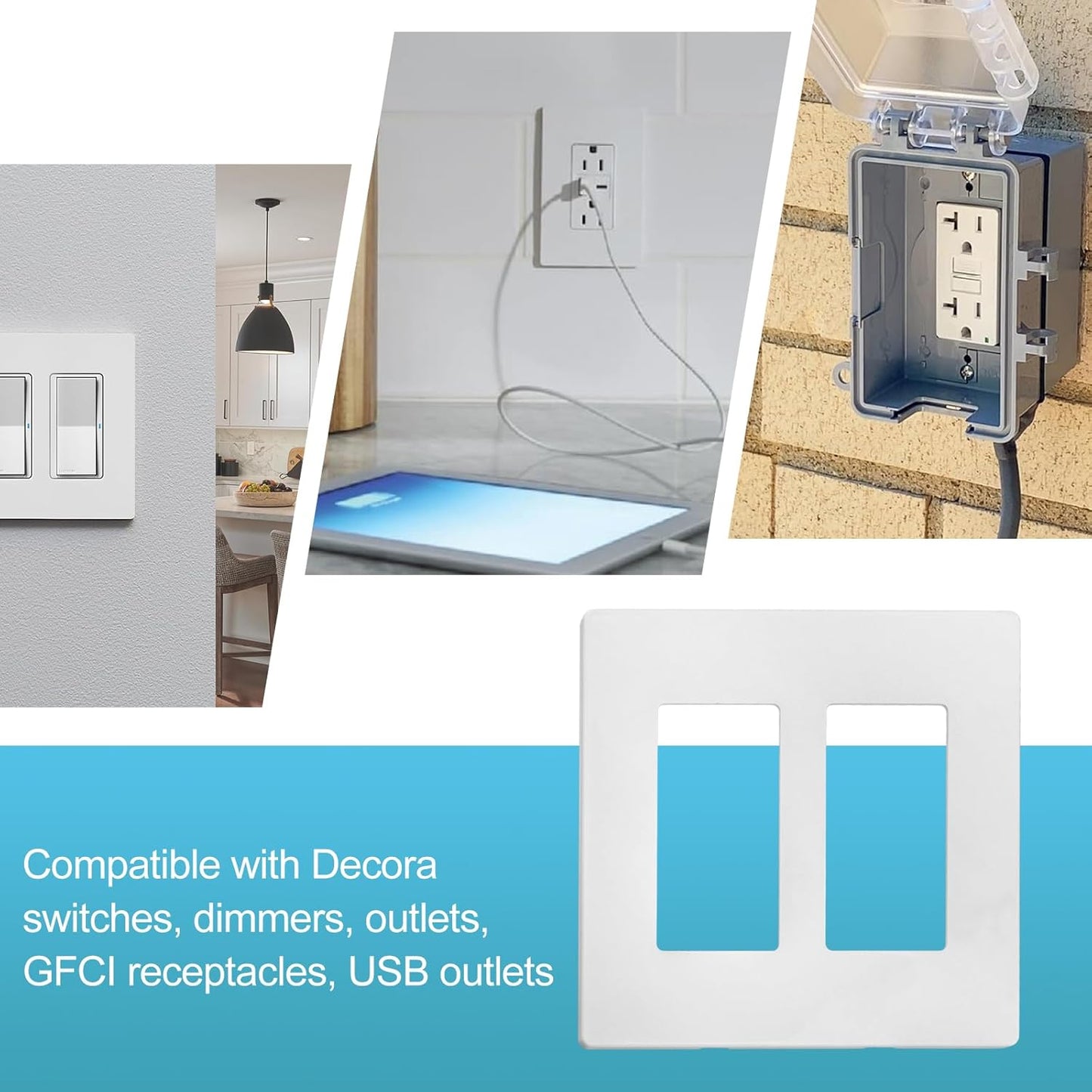 2-Gang Decora Screwless Wall Plate 80309-SW,Child Safe Outlet Cover 80309-SW,Screw Smooth Face Switch Plates Screwless Wall Plate 2-Gang Receptacle Outlet Cover 2 Pack