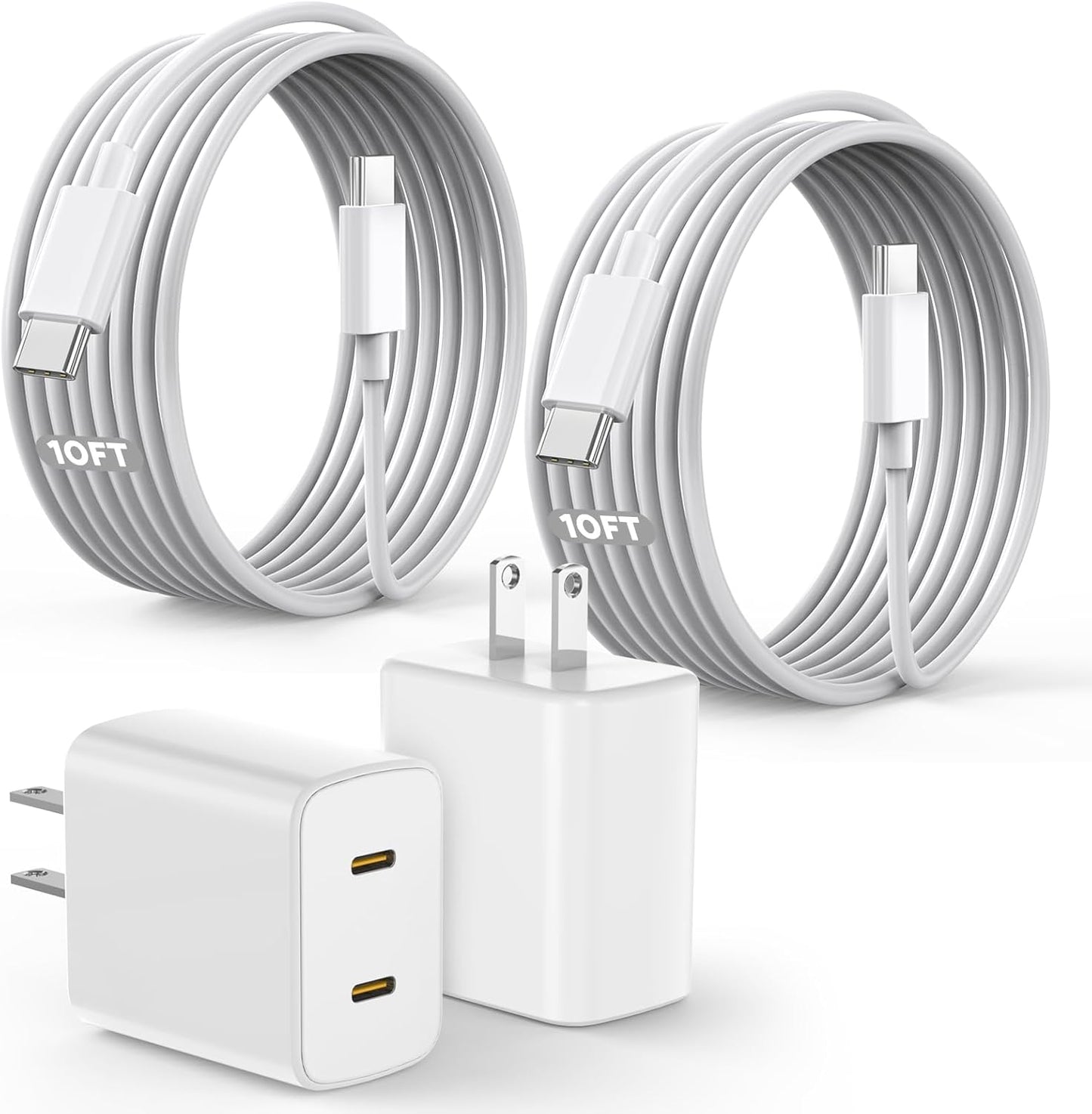 45W 2 Pack Super Fast Charger USB C Dual Port with 2×10FT White Type-C Charger Cord Block for iPhone17/17air/17 Pro/16/16e/16Pro Max/15/15Plus,i Pad,Compact Plug for Home/Travel, Safe & Durable Design