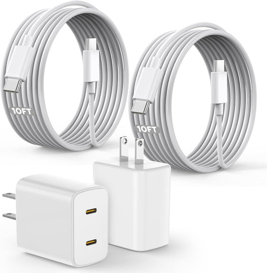 45W 2 Pack Super Fast Charger USB C Dual Port with 2×10FT White Type-C Charger Cord Block for iPhone17/17air/17 Pro/16/16e/16Pro Max/15/15Plus,i Pad,Compact Plug for Home/Travel, Safe & Durable Design