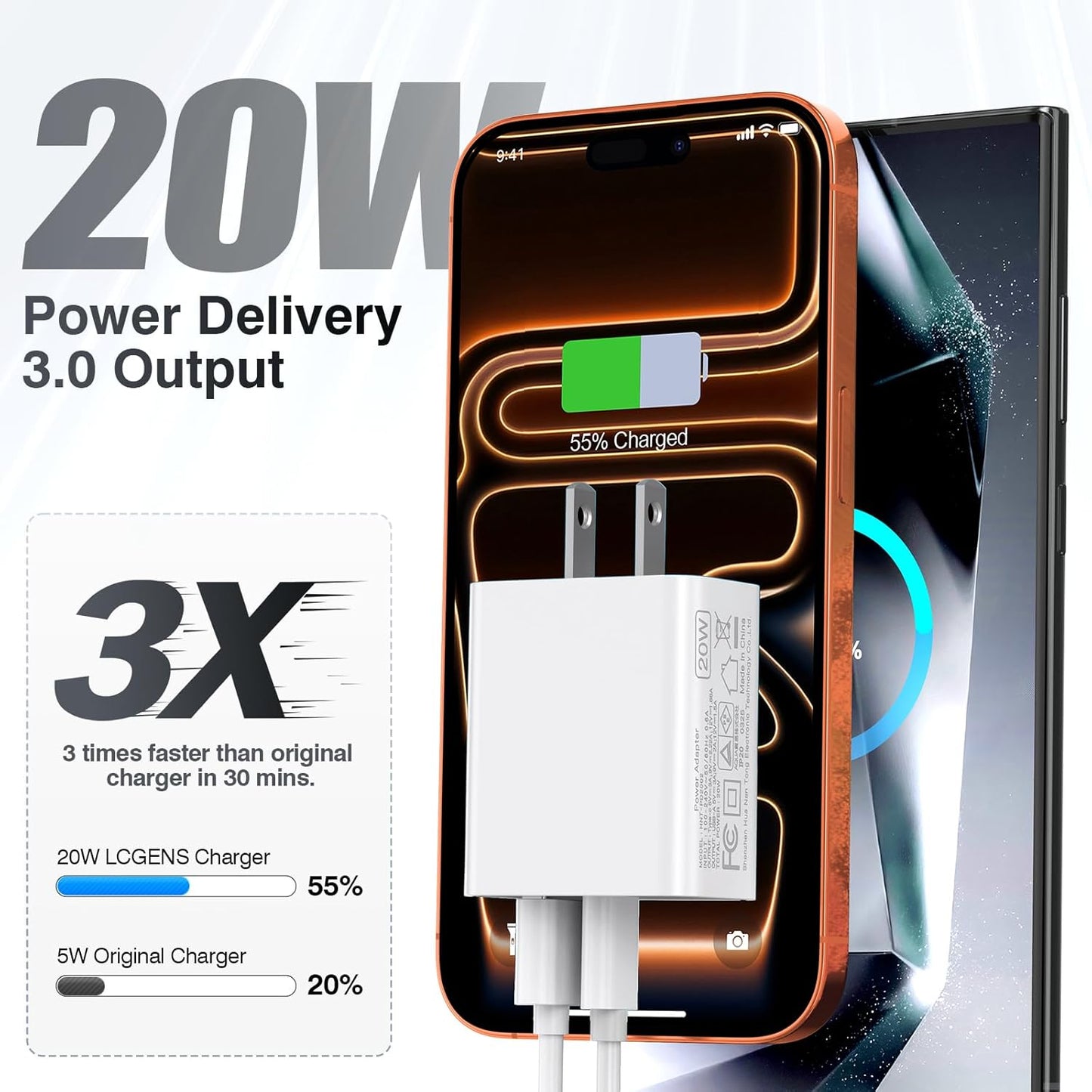 USB C Wall Charger Block 20W, 3-Pack Dual Port PD Power Delivery Fast Type C Charging Block Plug Adapter for iPhone 12/13/14/15/16/17/Pro Max, XS/XR/X, iPad Pro, AirPods Pro, Samsung Galaxy(White)