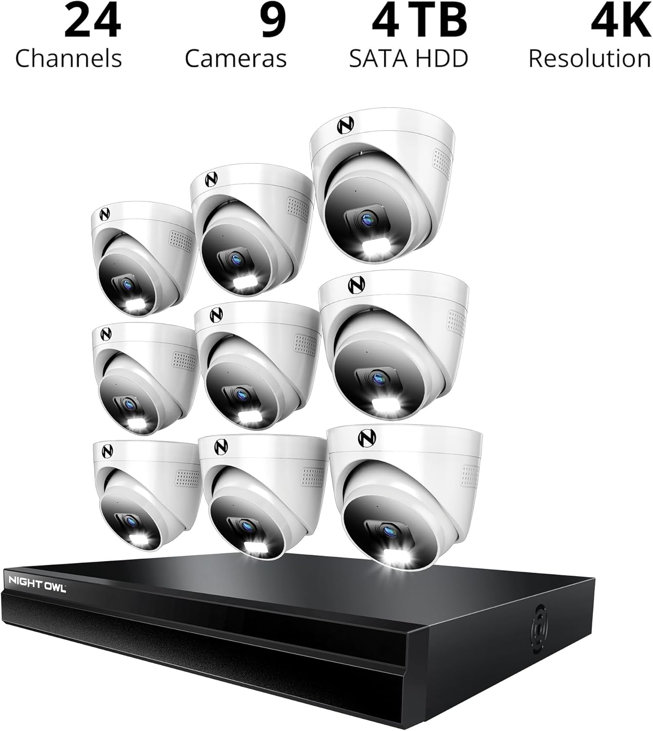 Night Owl Power Over Ethernet 24 Channel NVR Video Home Security Camera System with (9) Wired IP 4K HD Indoor/Outdoor Deterrence Dome Cameras and 4TB Hard Drive (Add up to 8 Wi-Fi Cameras)