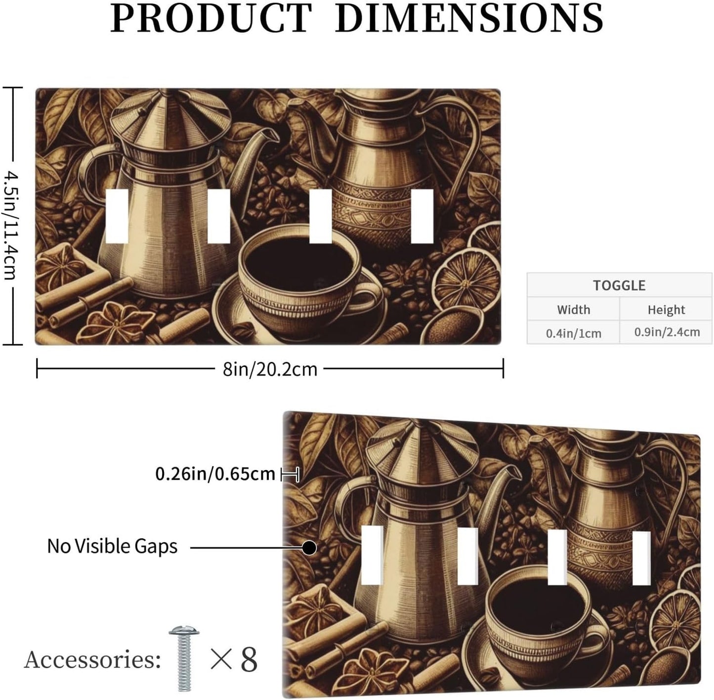 Decorative Light Switch Cover Plate Vintage Coffee Beans Leaf Cup 4 Gang Wall Plate Oversized Quad Toggle Switch Cover Plate Jumbo Faceplate for Kitchen Home Decor