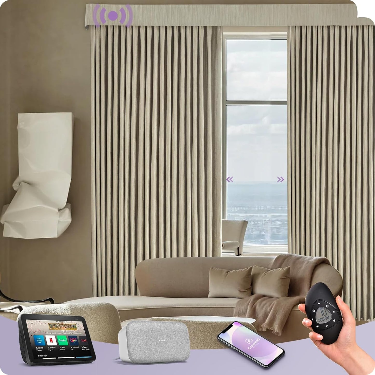 Graywind Rechargeable Smart Curtains Compatible with Alexa App Remote Control Motorized Drape for Sliding Door One-Way or Split Draw, Custom Width Up to 220" (Cloud Series)