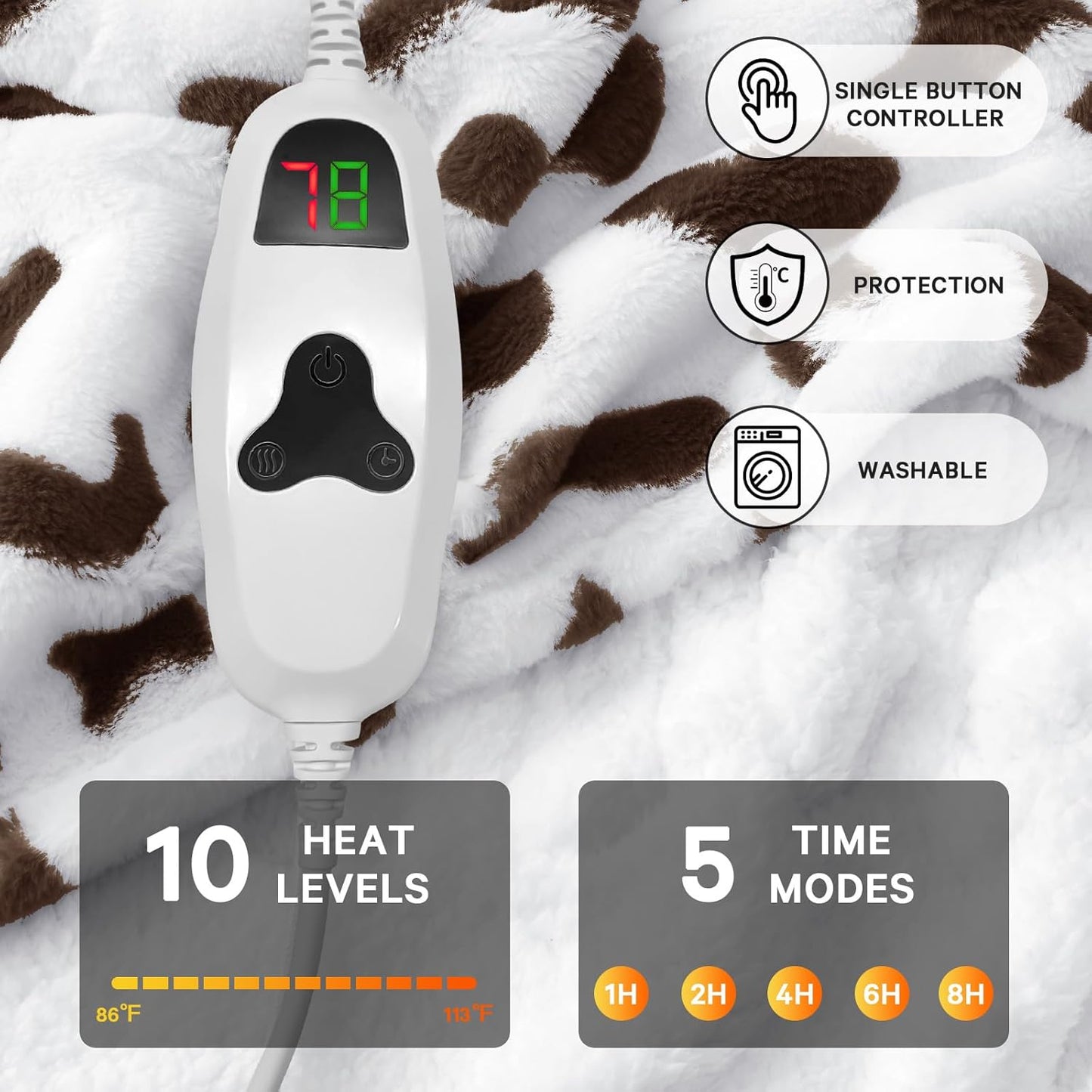 Cow Print Heated Electric Blanket Twin,62X84 Brown Heating Blanket with 10 Heats Levels & 8 Hours Auto Off,Cute Cow Decor Fleece Sherpa Blankets Warmer Gifts for Women Couch Office,Washable